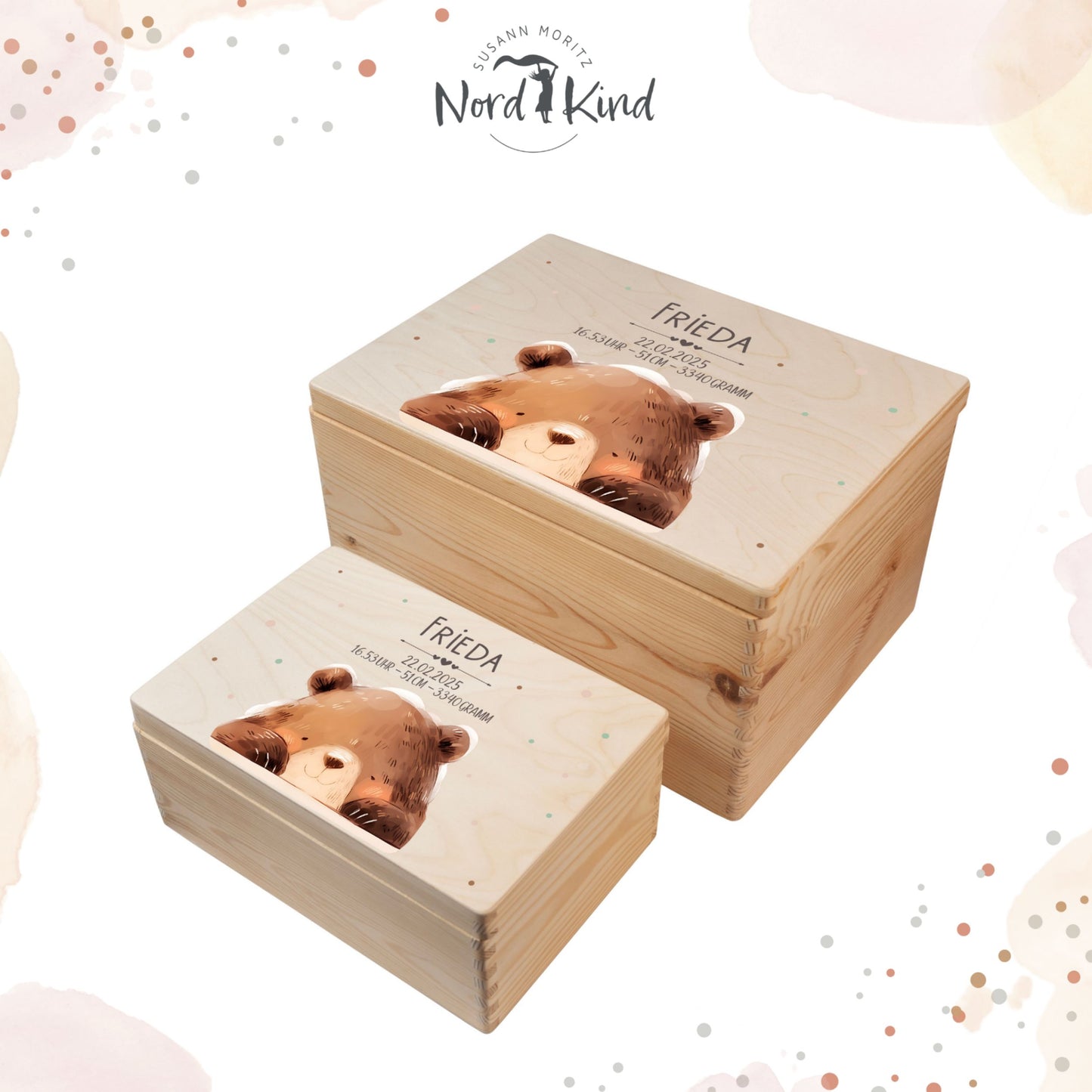 Personalisierte Erinnerungsbox Baby aus Holz mit Bärenmotiv geschlossen