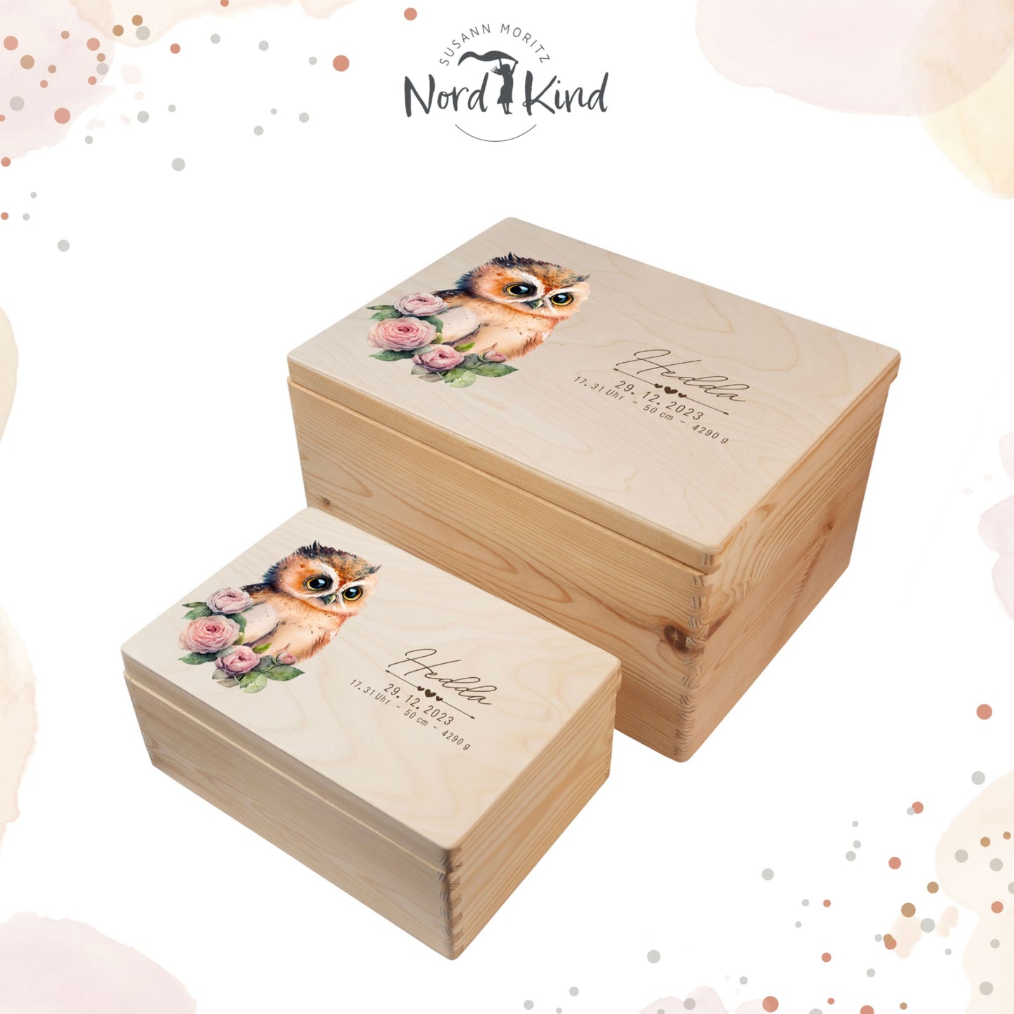 Personalisierte Erinnerungsbox Baby aus Holz mit Eulenmotiv geschlossen