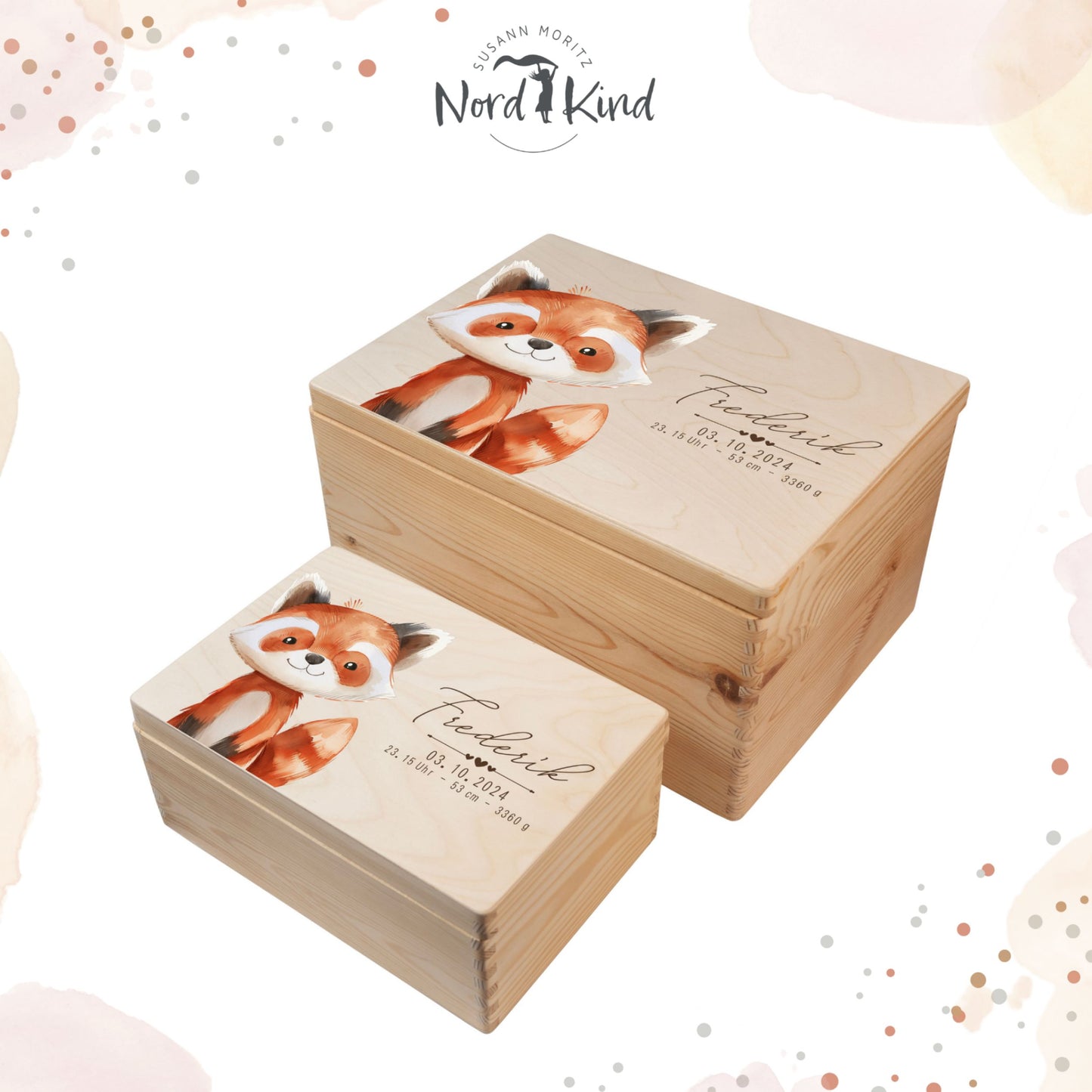 Personalisierte Erinnerungsbox Baby aus Holz mit Fuchsmotiv geschlossen