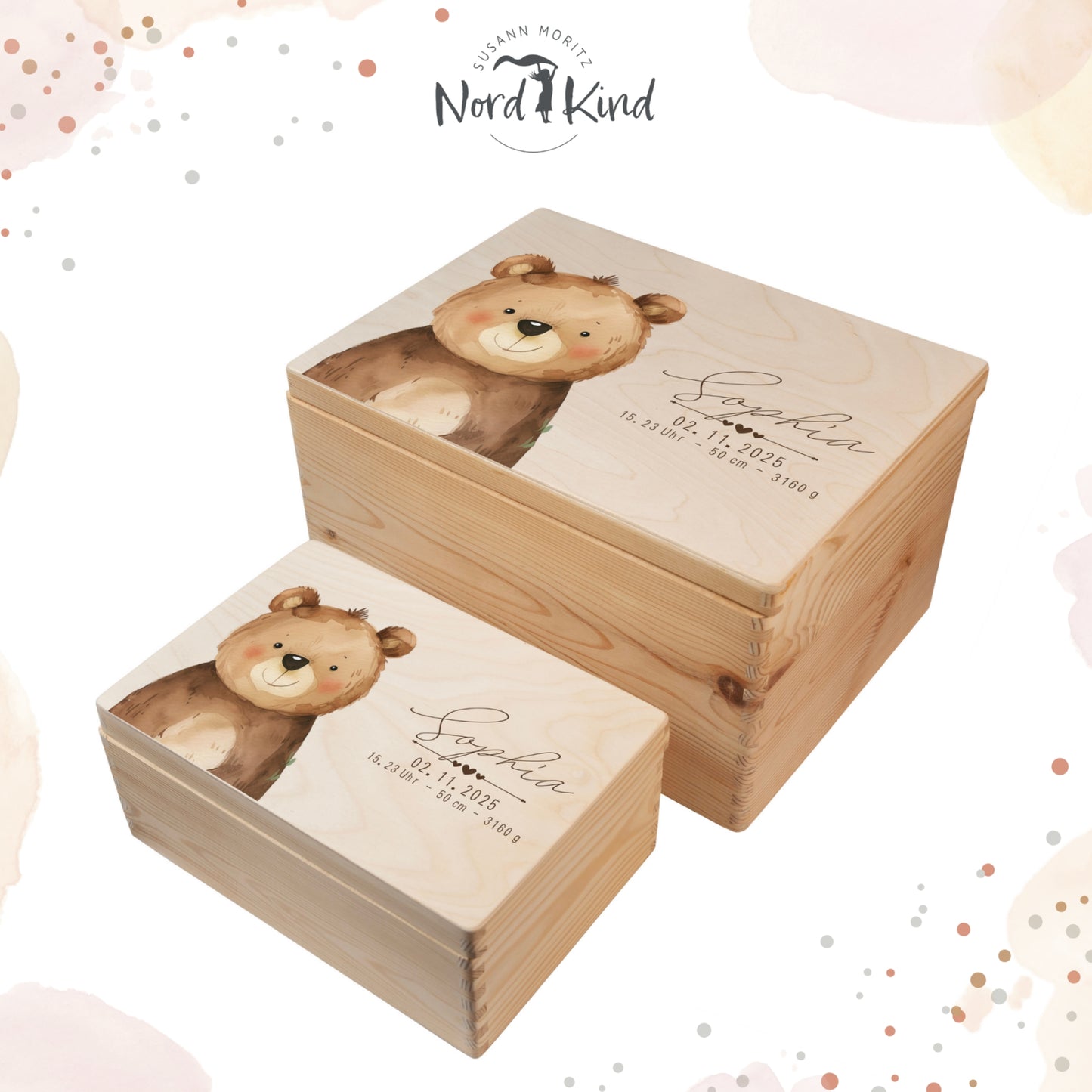 Personalisierte Erinnerungsbox Baby aus Holz mit Bärenmotiv geschlossen