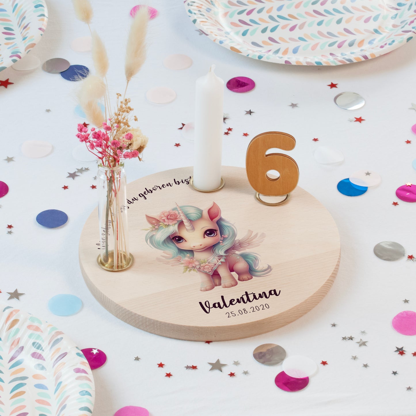 personalisierter Kerzenteller mit Kerze, Vase und Zahlen (Einhorn 2)