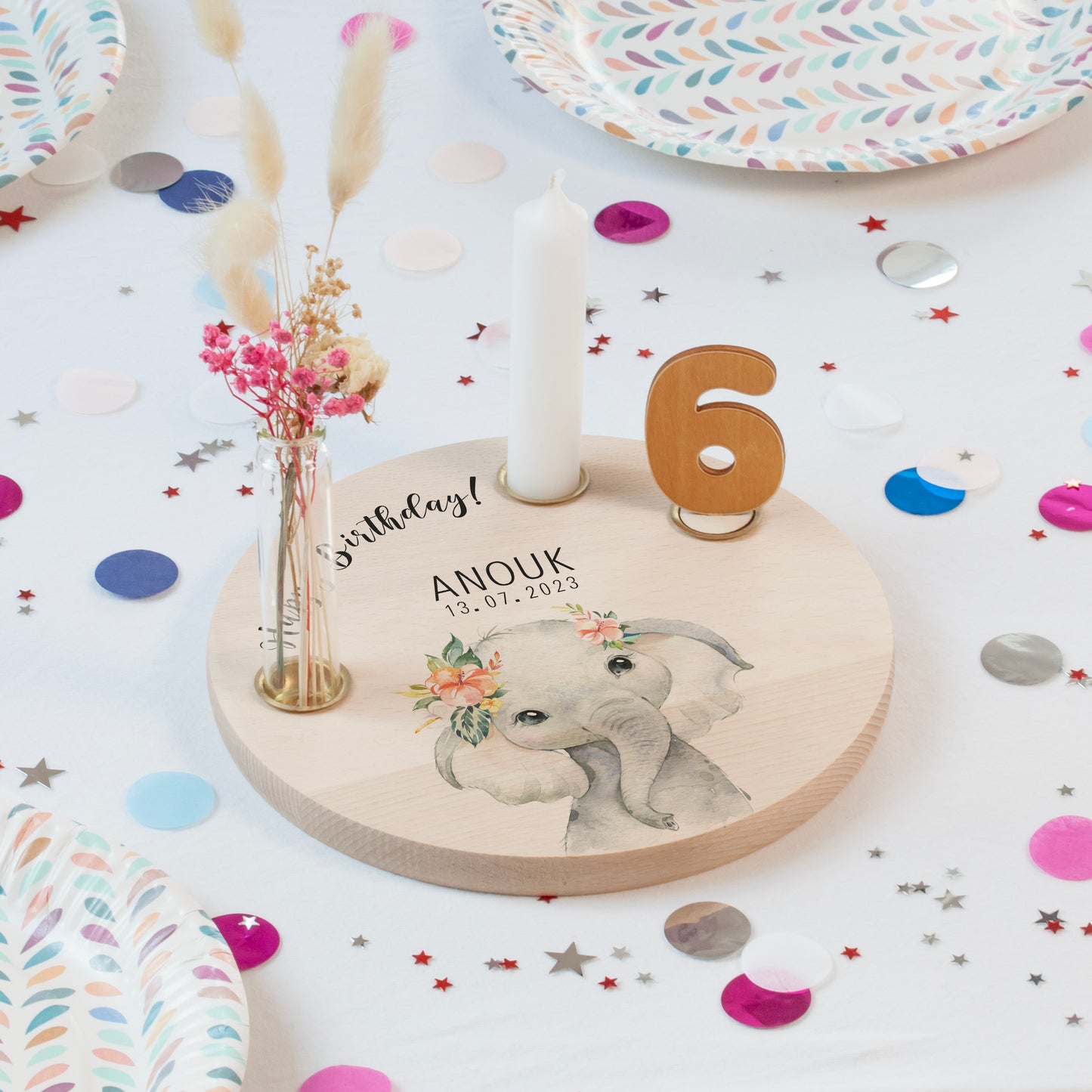 personalisierter Kerzenteller mit Kerze, Vase und Zahlen (Elefant 1)