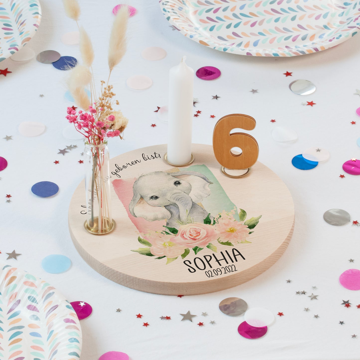 personalisierter Kerzenteller mit Kerze, Vase und Zahlen (Elefant 2)