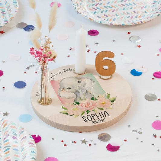 personalisierter Kerzenteller mit Kerze, Vase und Zahlen (Elefant 2)