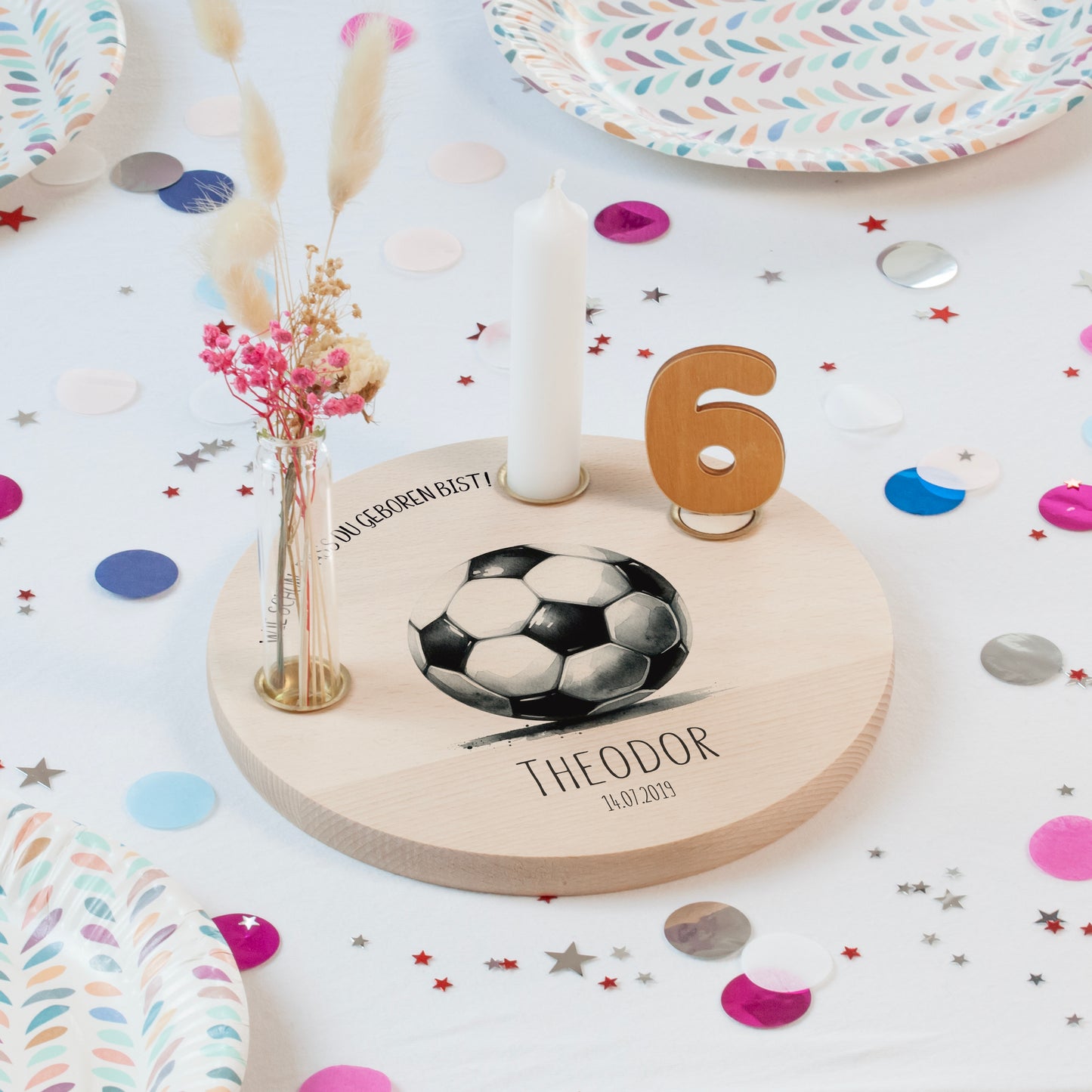 personalisierter Kerzenteller mit Kerze, Vase und Zahlen (Fussball)