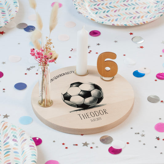 personalisierter Kerzenteller mit Kerze, Vase und Zahlen (Fussball)
