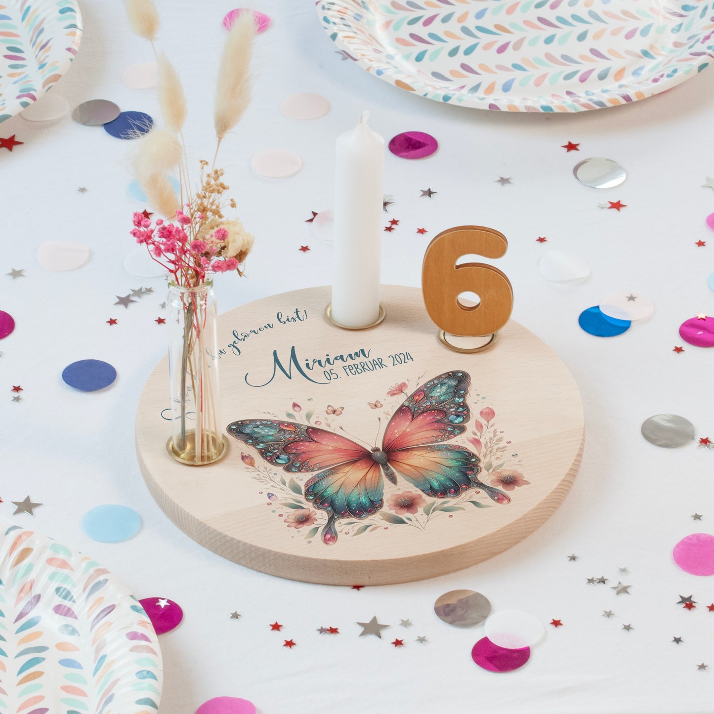personalisierter Kerzenteller mit Kerze, Vase und Zahlen (Schmetterling 3)