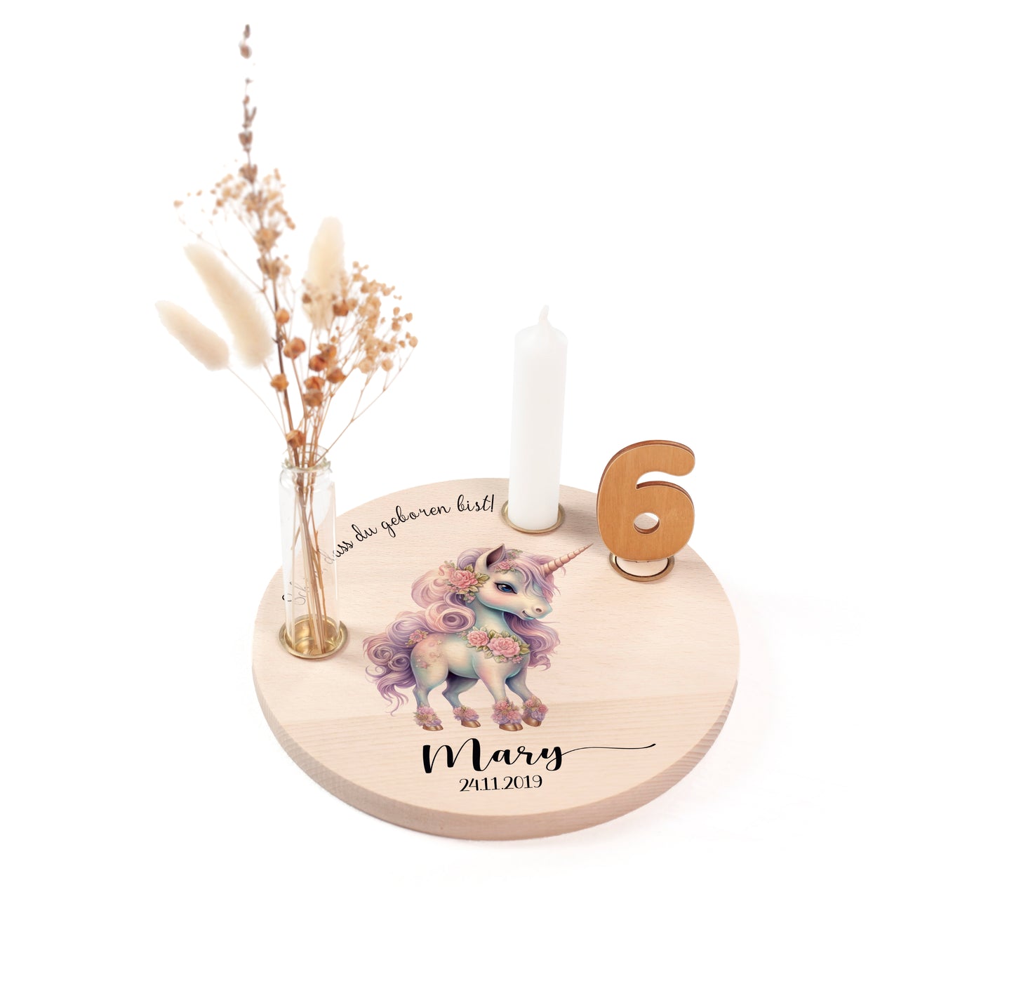 personalisierter Kerzenteller mit Kerze, Vase und Zahlen (Einhorn 1)