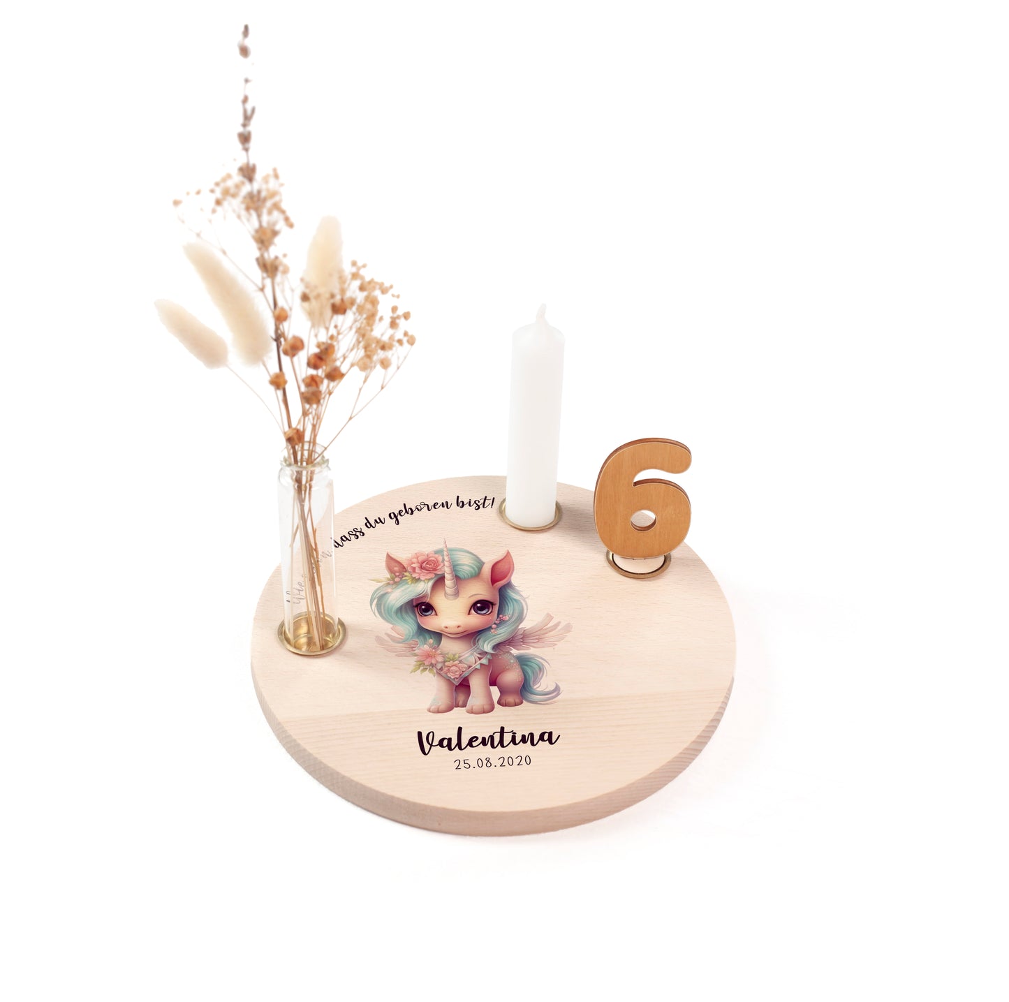 personalisierter Kerzenteller mit Kerze, Vase und Zahlen (Einhorn 2)