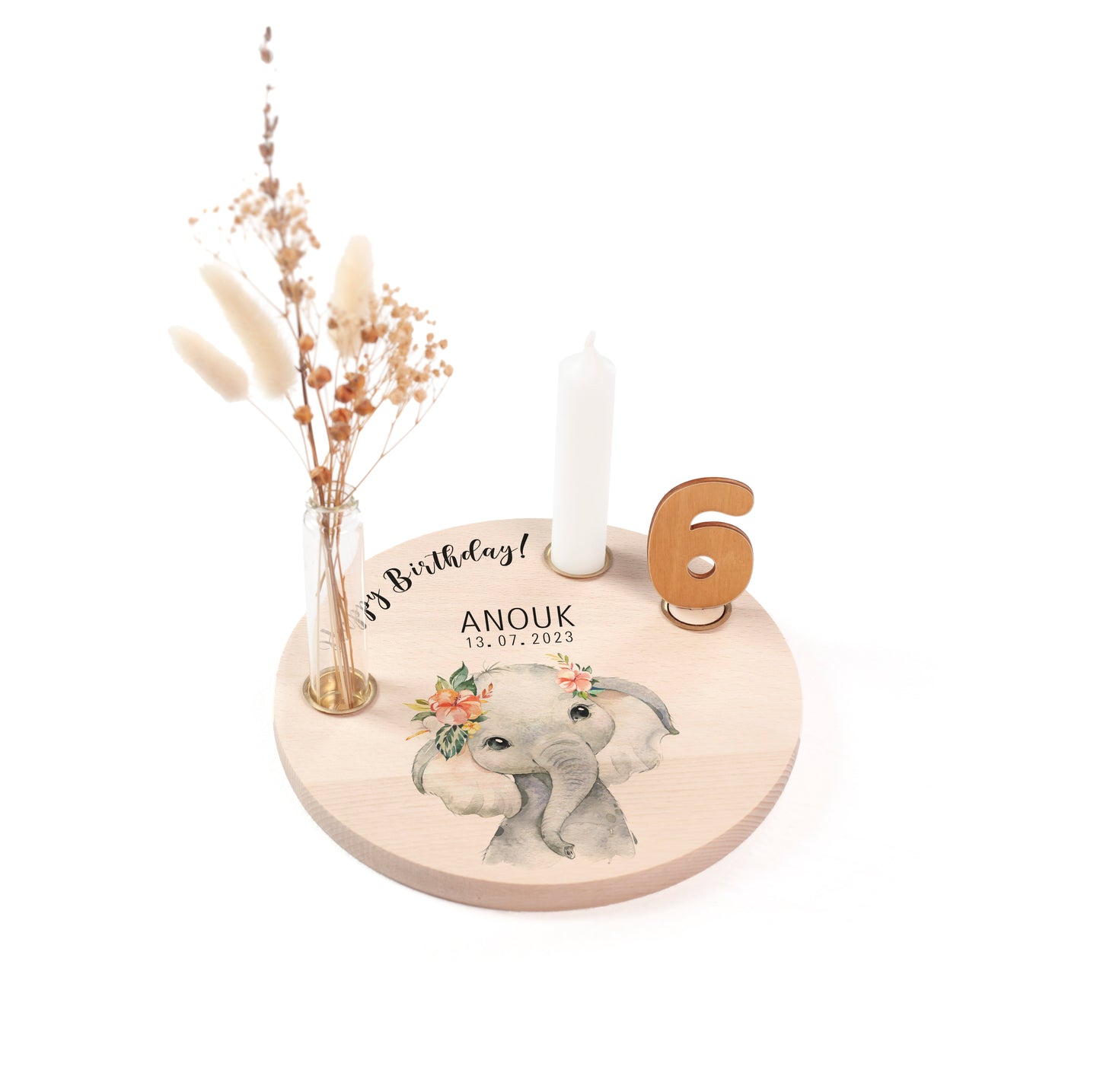 personalisierter Kerzenteller mit Kerze, Vase und Zahlen (Elefant 1)