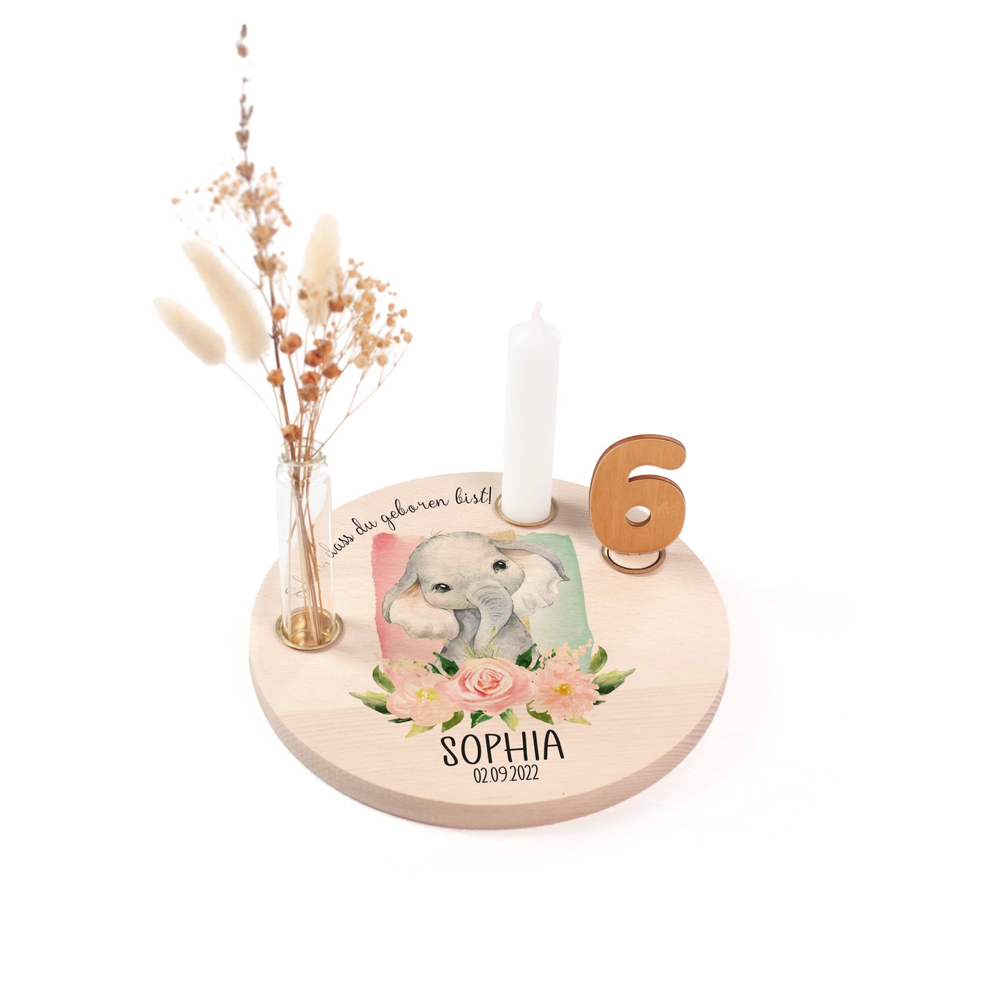 personalisierter Kerzenteller mit Kerze, Vase und Zahlen (Elefant 2)