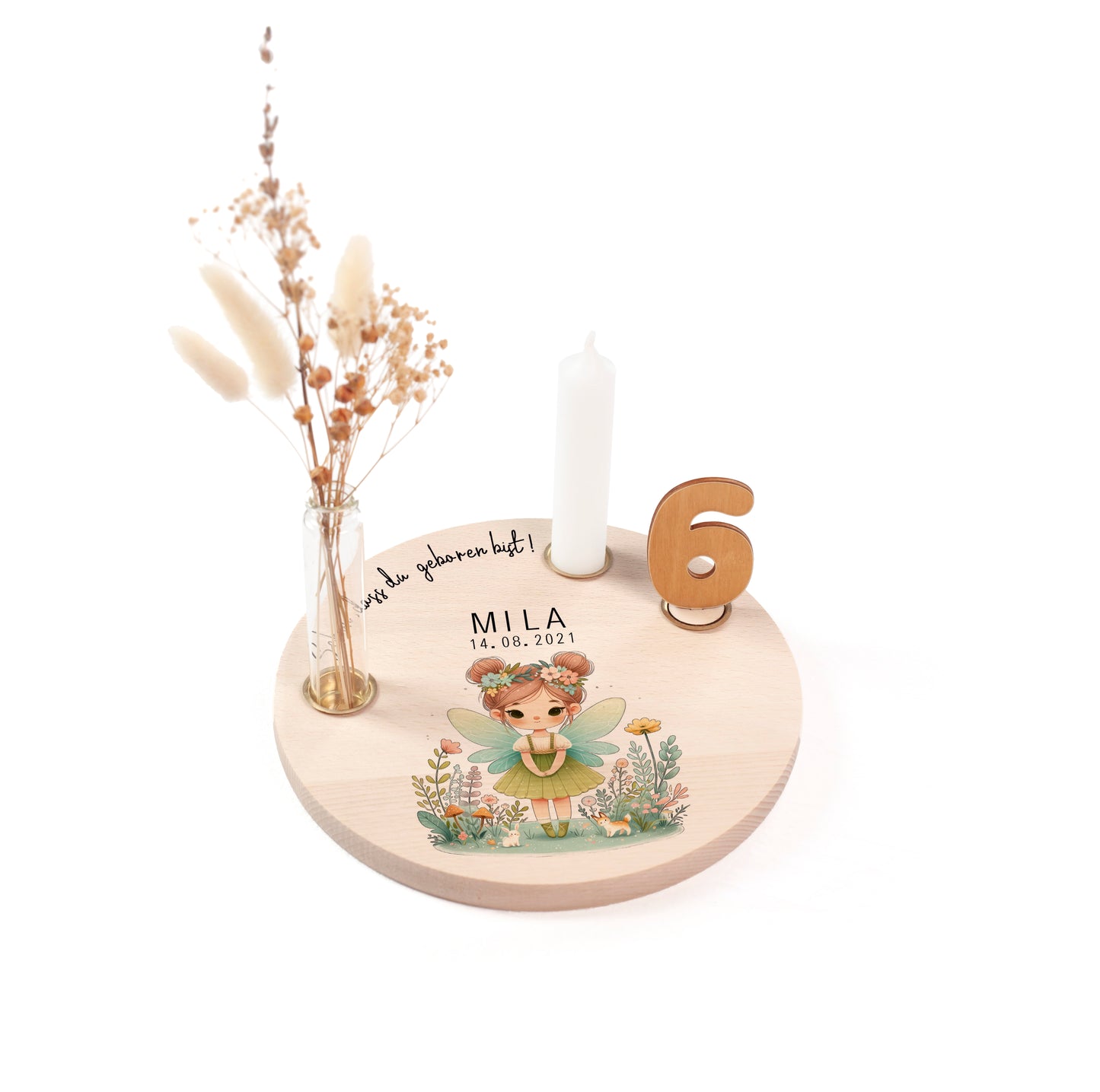 personalisierter Kerzenteller mit Kerze, Vase und Zahlen (Fee 5)