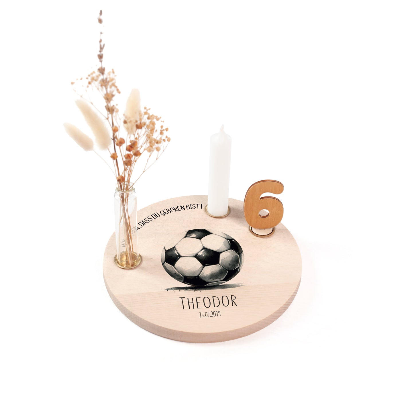personalisierter Kerzenteller mit Kerze, Vase und Zahlen (Fussball)