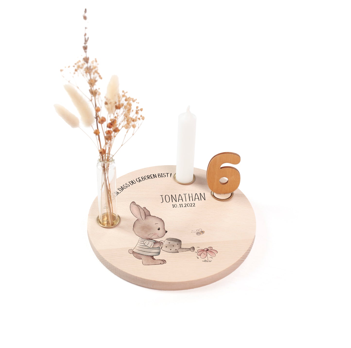 personalisierter Kerzenteller mit Kerze, Vase und Zahlen (Hase 1)