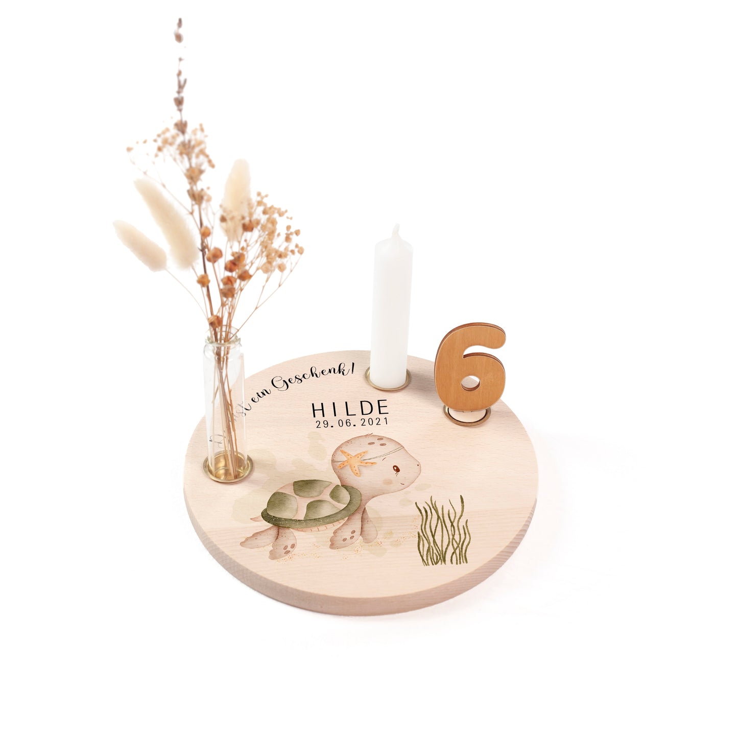 personalisierter Kerzenteller mit Kerze, Vase und Zahlen (Schildkröte)