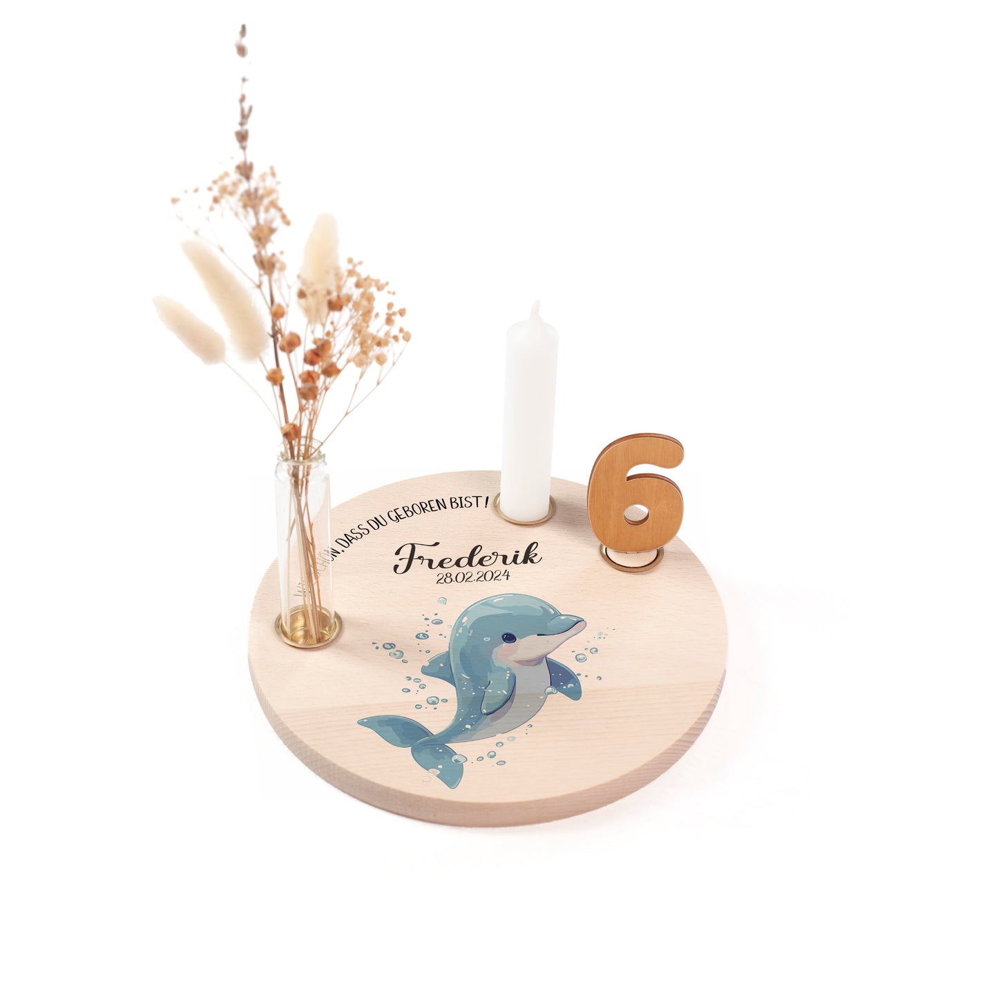 personalisierter Kerzenteller mit Kerze, Vase und Zahlen (Delfin 2)
