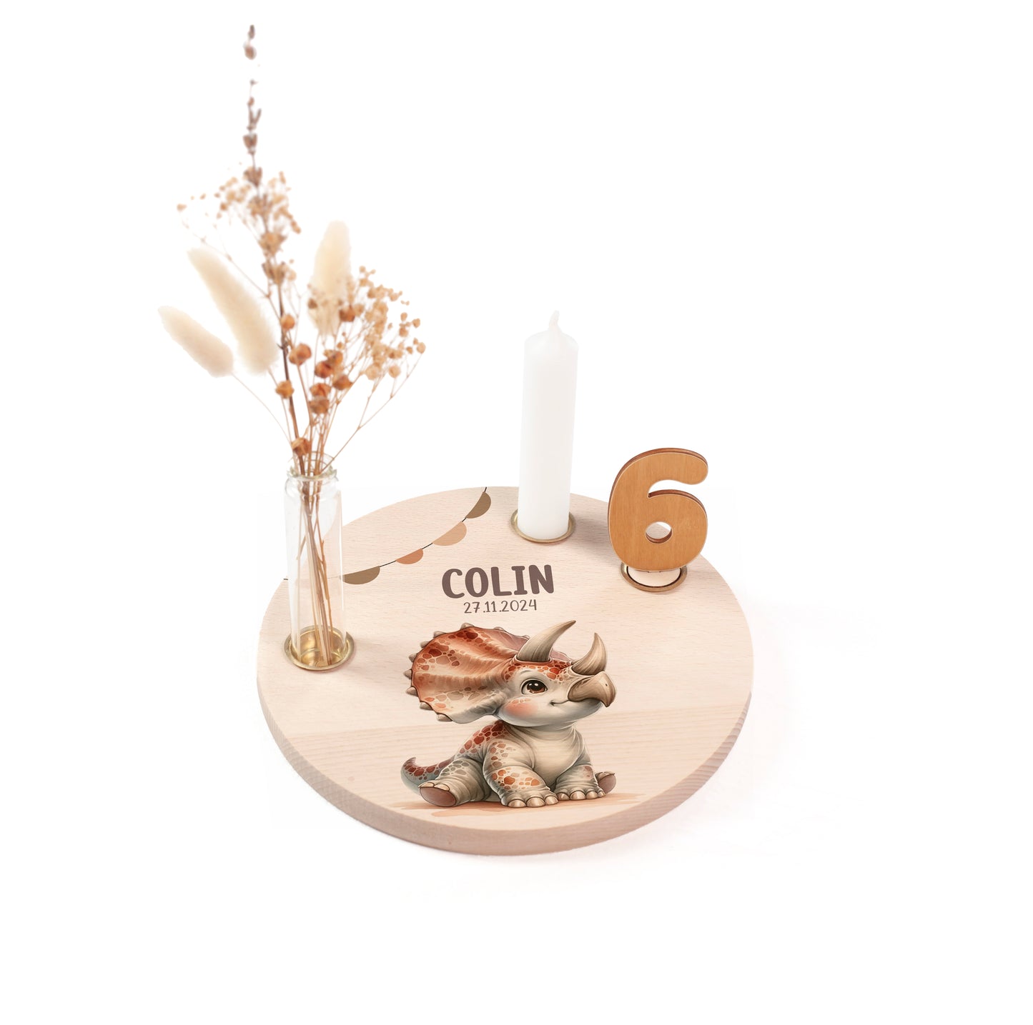 personalisierter Kerzenteller mit Kerze, Vase und Zahlen (Dino 1)