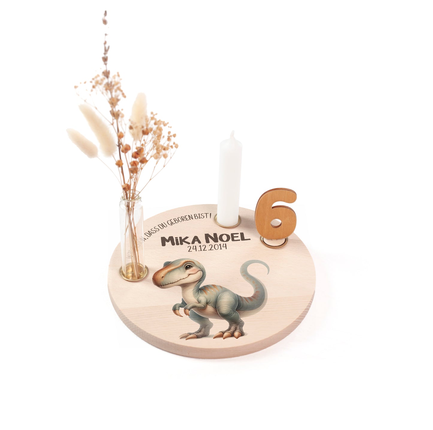 personalisierter Kerzenteller mit Kerze, Vase und Zahlen (Dino 3)