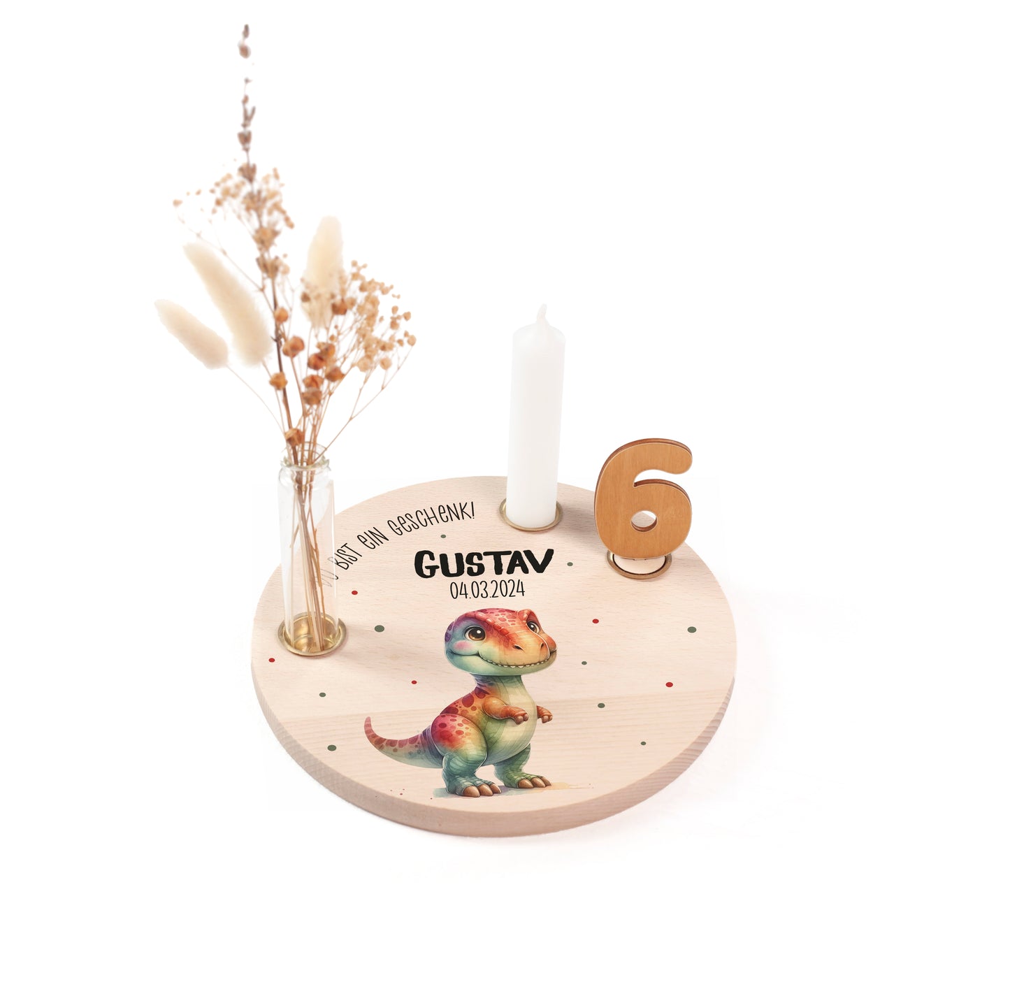 personalisierter Kerzenteller mit Kerze, Vase und Zahlen (Dino 4)