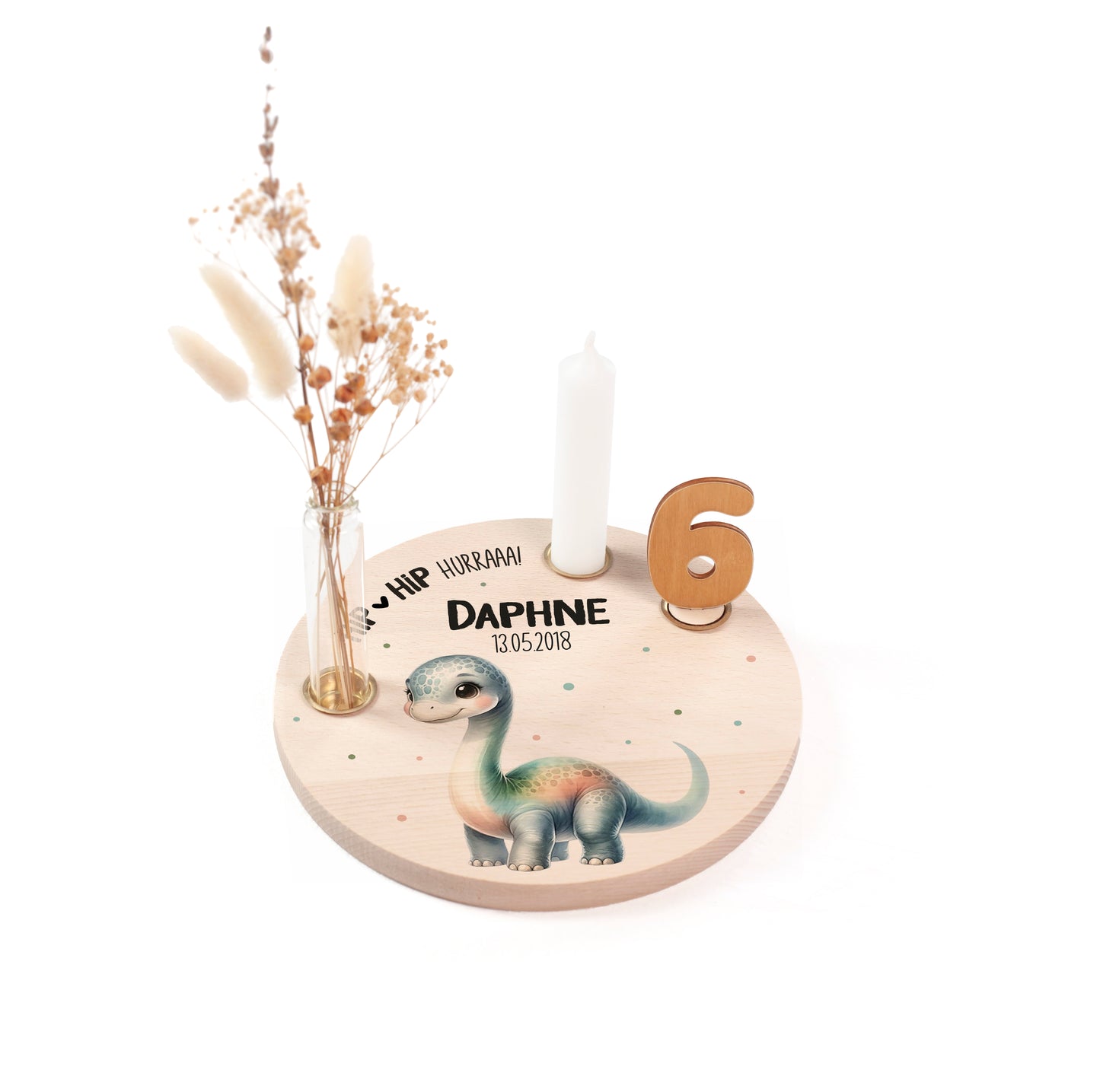 personalisierter Kerzenteller mit Kerze, Vase und Zahlen (Dino 7)