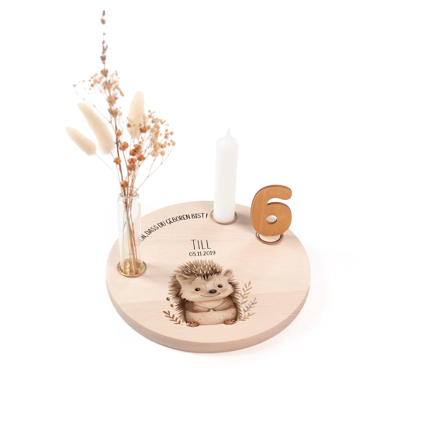 personalisierter Kerzenteller mit Kerze, Vase und Zahlen (Igel)