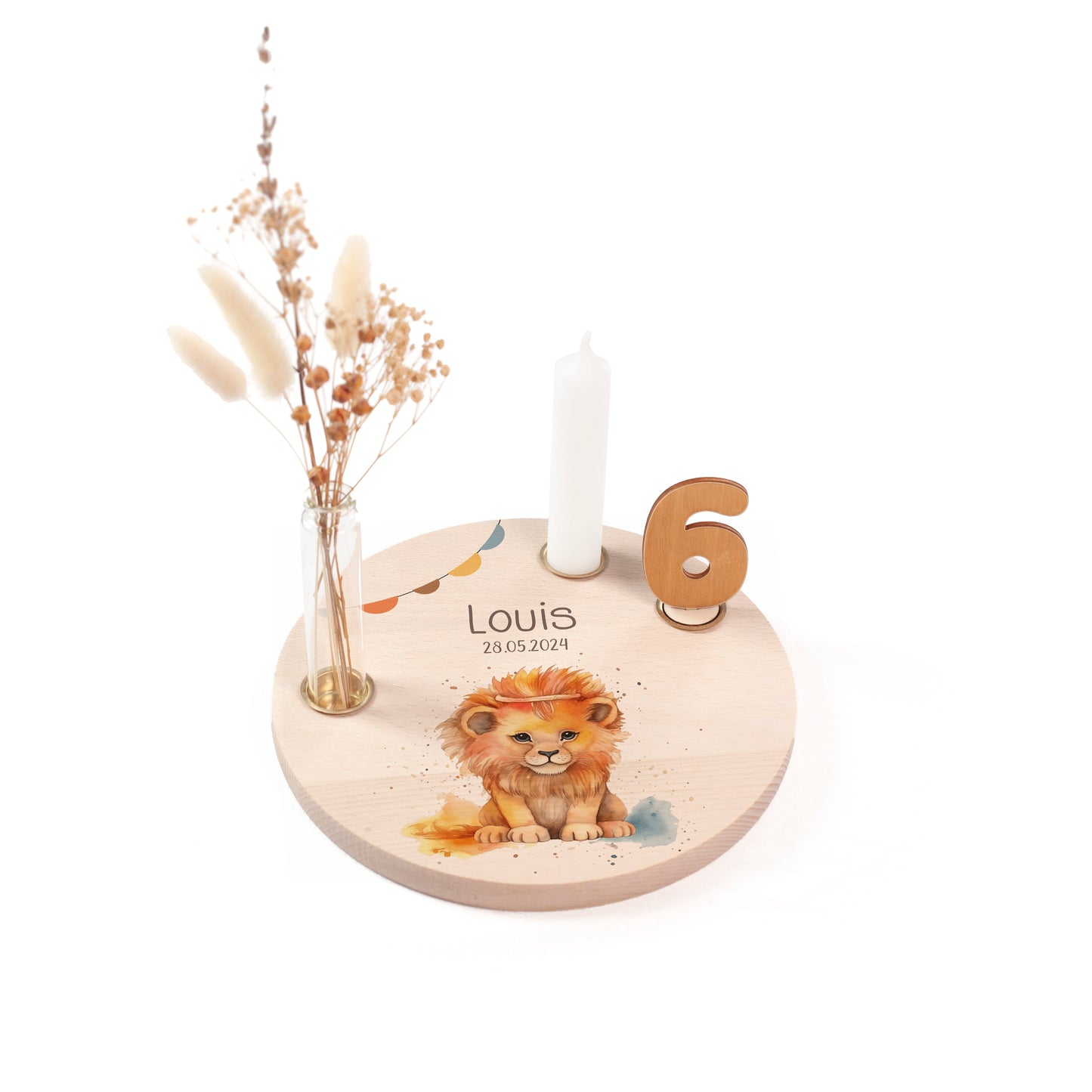 personalisierter Kerzenteller mit Kerze, Vase und Zahlen (Löwe 3)