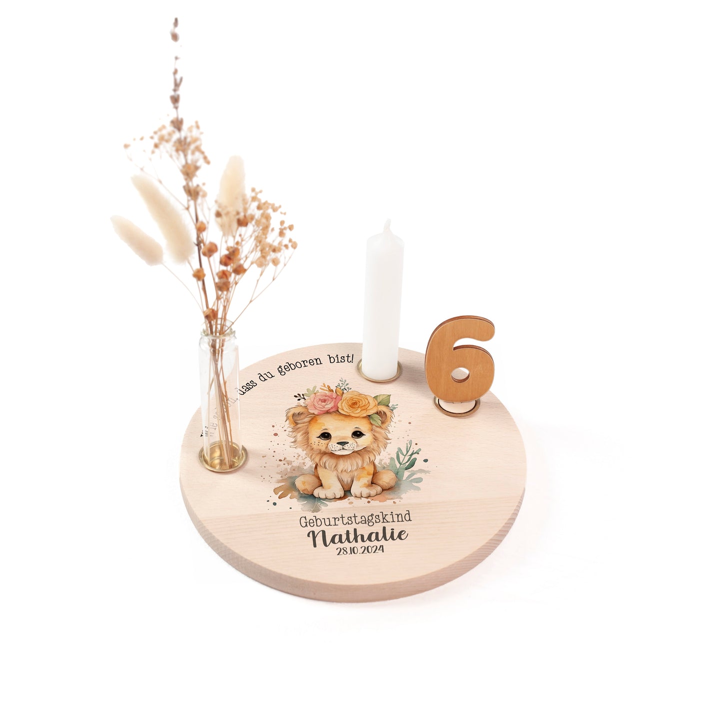 personalisierter Kerzenteller mit Kerze, Vase und Zahlen (Löwe 5)