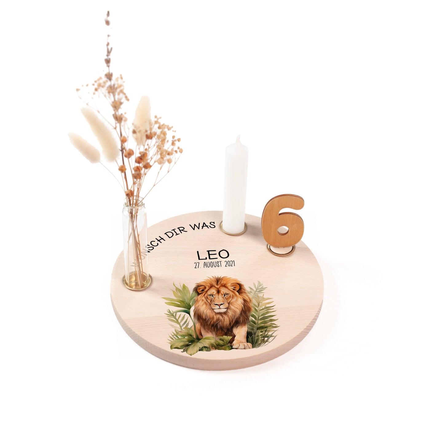 personalisierter Kerzenteller mit Kerze, Vase und Zahlen (Löwe 7)
