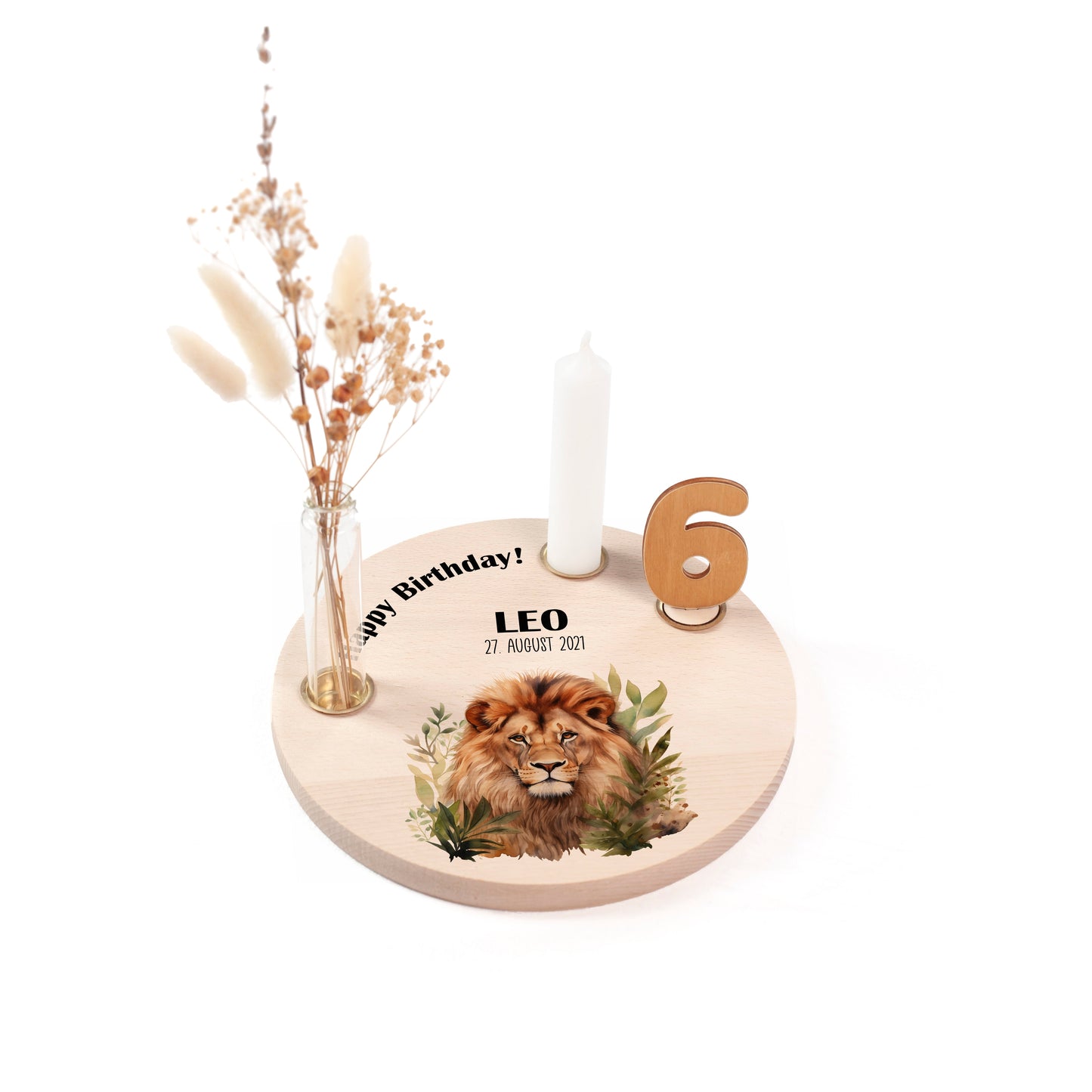 personalisierter Kerzenteller mit Kerze, Vase und Zahlen (Löwe 8)