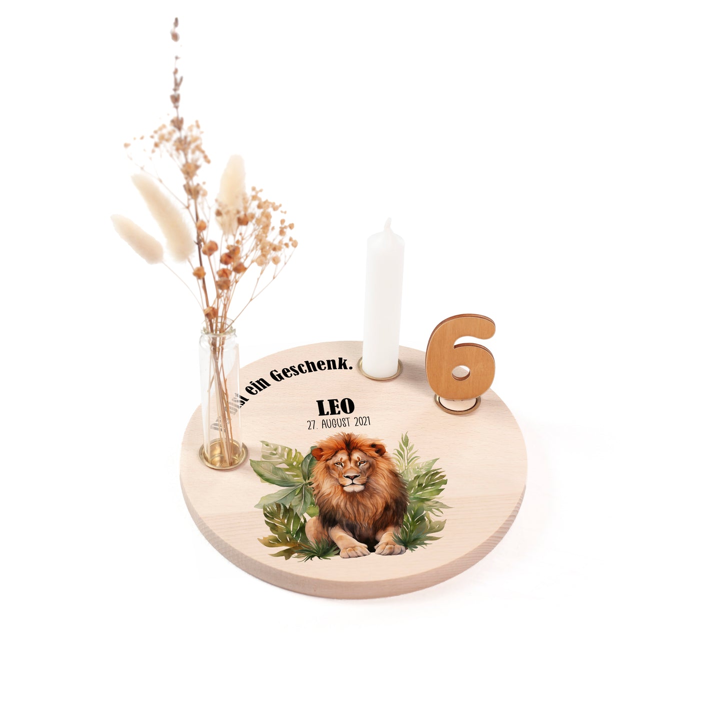 personalisierter Kerzenteller mit Kerze, Vase und Zahlen (Löwe 9)
