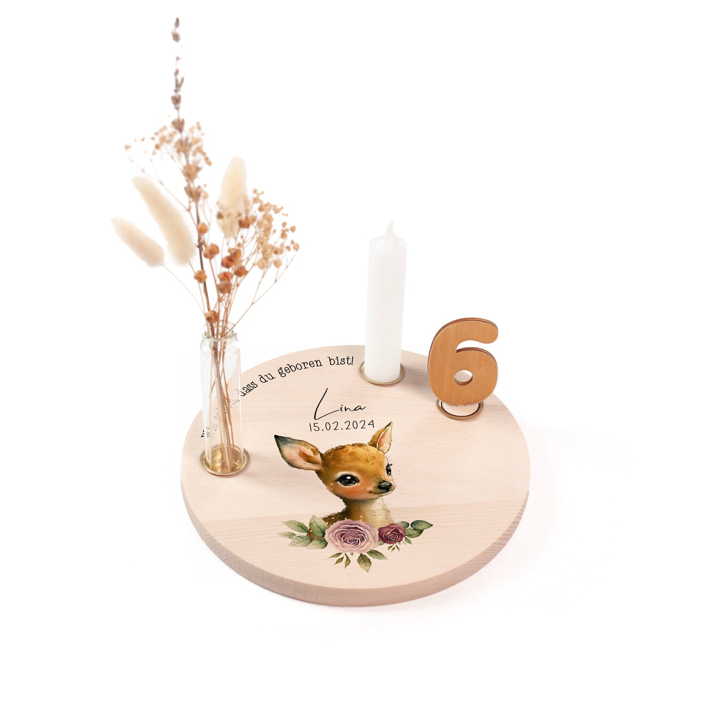 personalisierter Kerzenteller mit Kerze, Vase und Zahlen (Reh 3)
