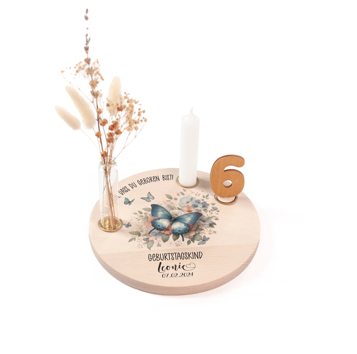 personalisierter Kerzenteller mit Kerze, Vase und Zahlen (Schmetterling 1)