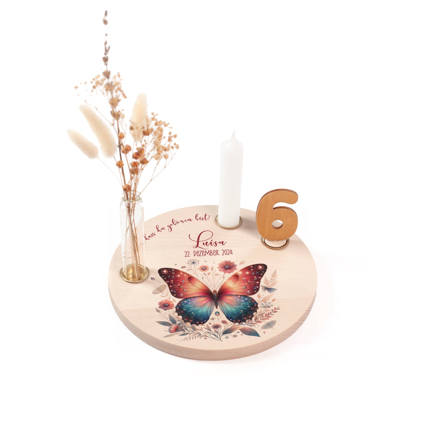 personalisierter Kerzenteller mit Kerze, Vase und Zahlen (Schmetterling 2)