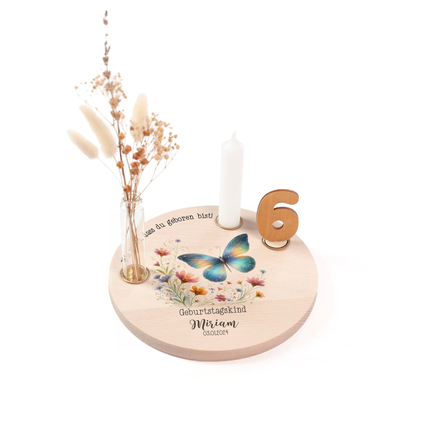 personalisierter Kerzenteller mit Kerze, Vase und Zahlen (Schmetterling 4)
