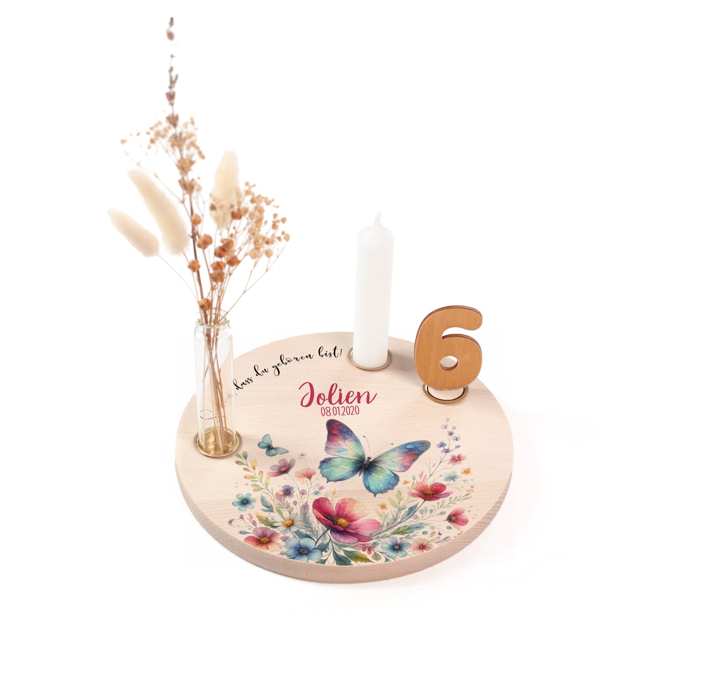 personalisierter Kerzenteller mit Kerze, Vase und Zahlen (Schmetterling 5)