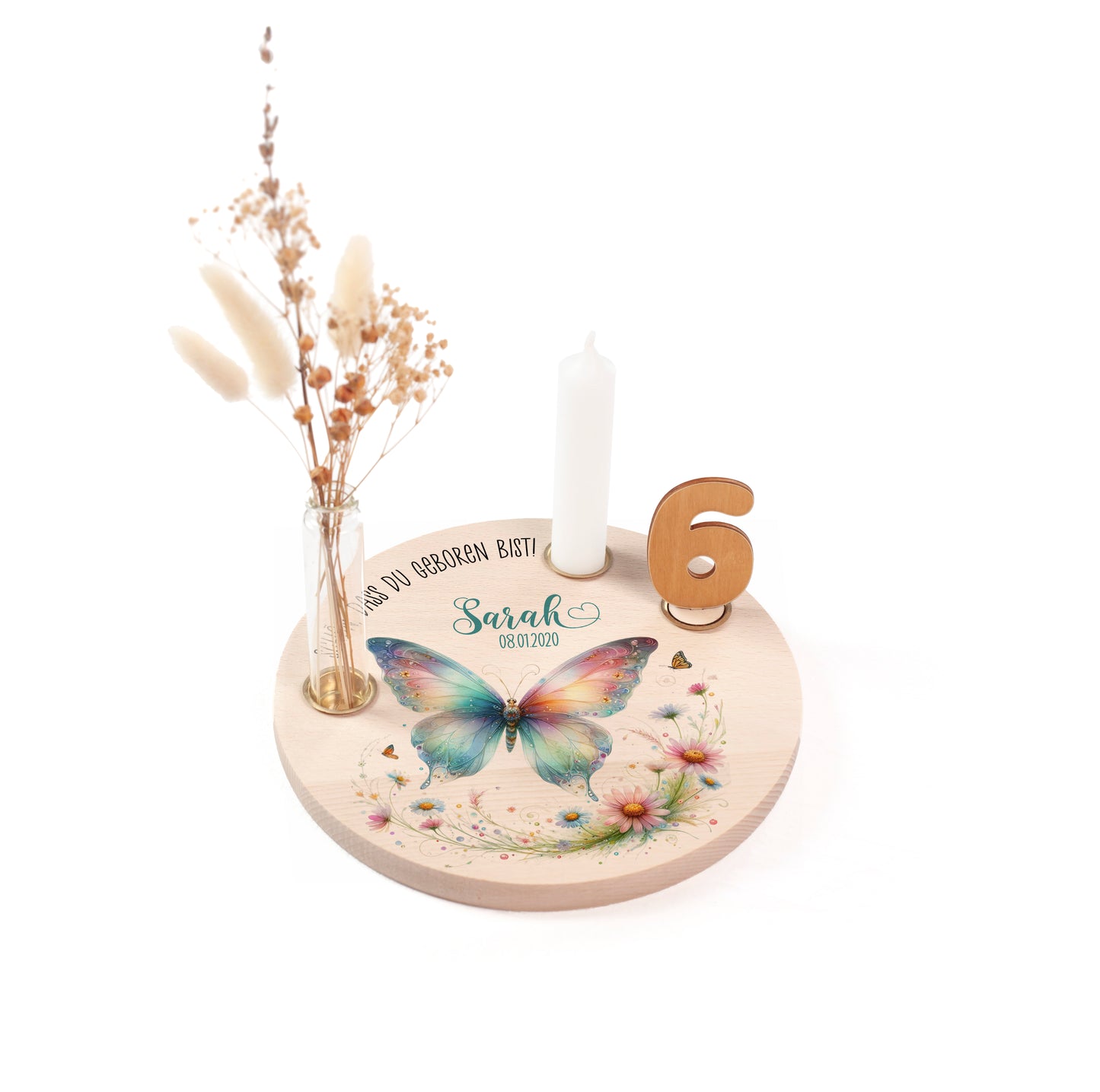 personalisierter Kerzenteller mit Kerze, Vase und Zahlen (Schmetterling 6)