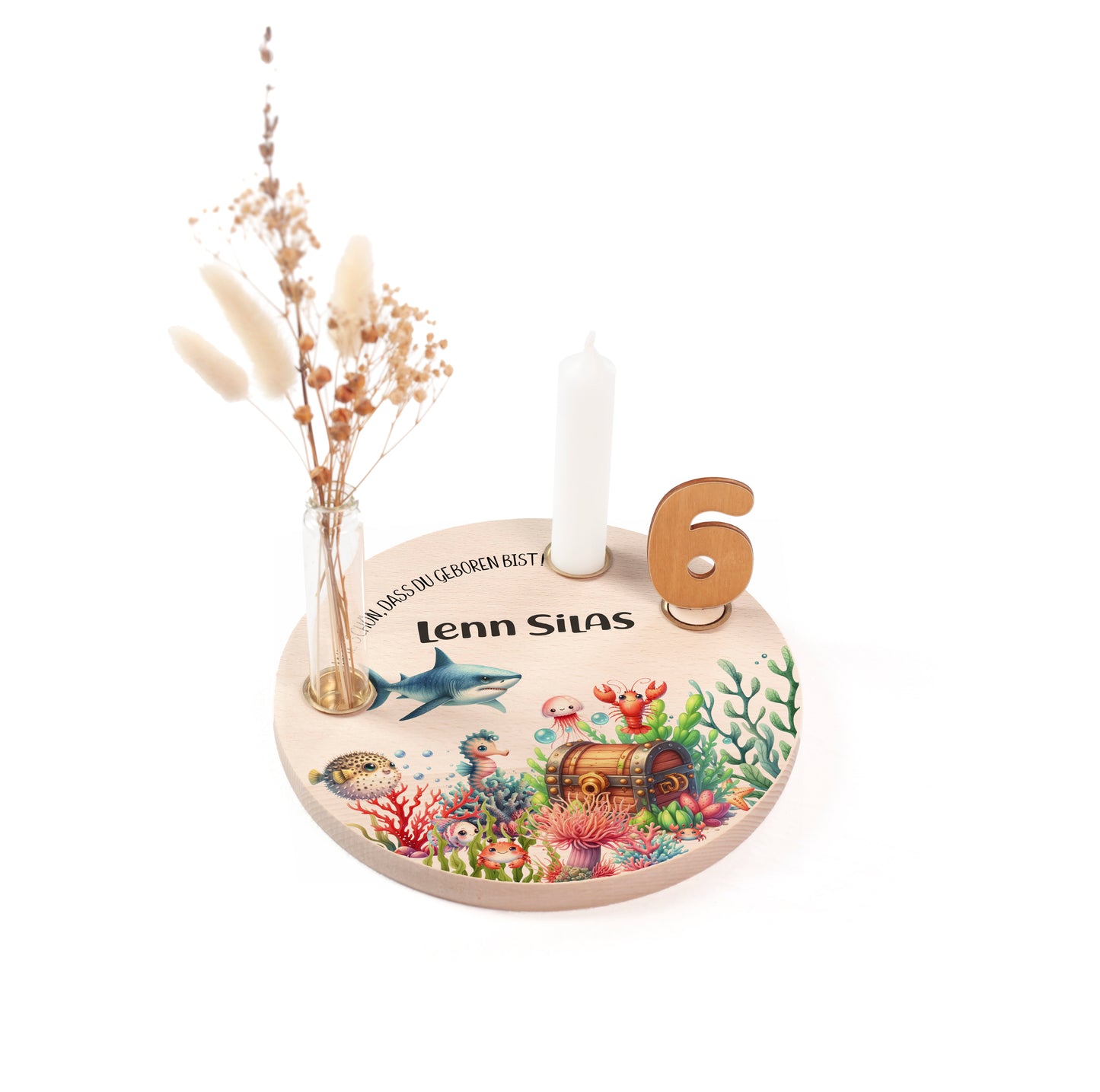personalisierter Kerzenteller mit Kerze, Vase und Zahlen (Unterwasserwelt 1)