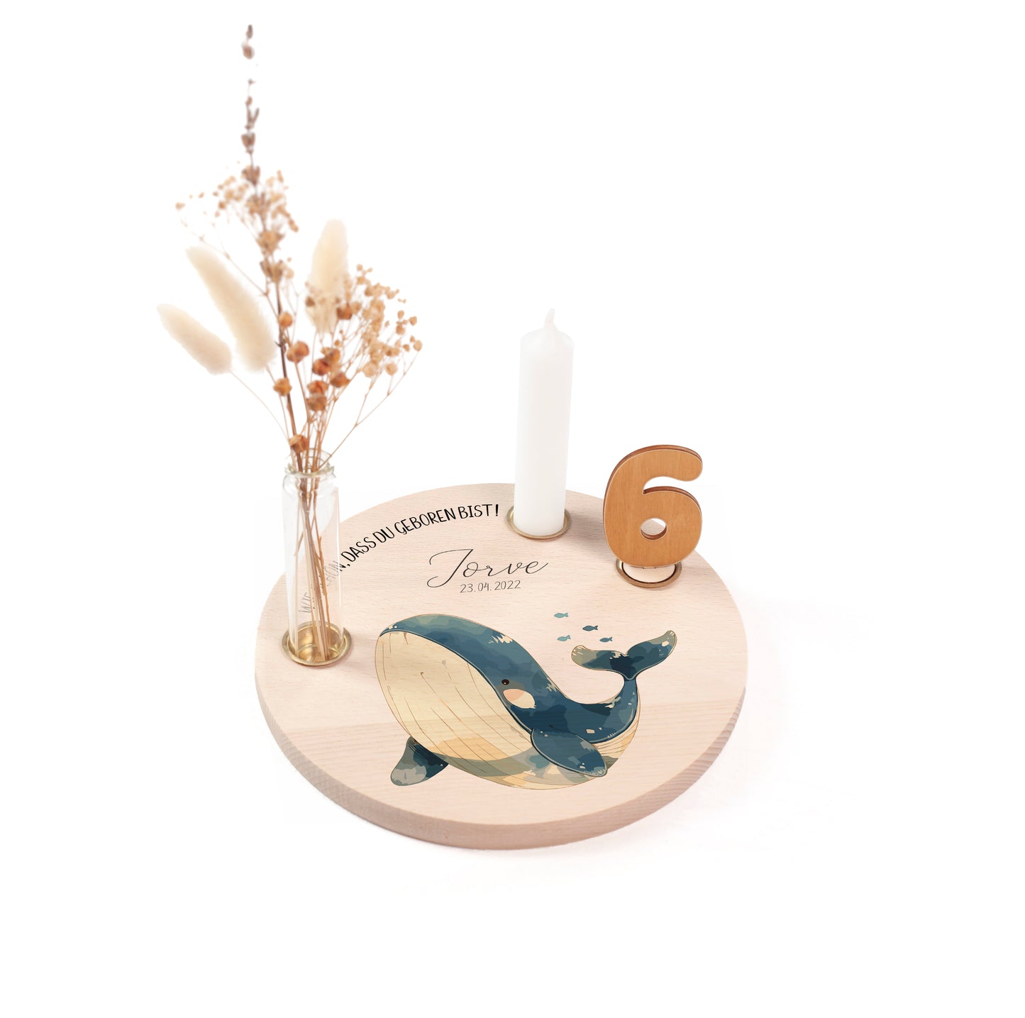 personalisierter Kerzenteller mit Kerze, Vase und Zahlen (Wal 1)