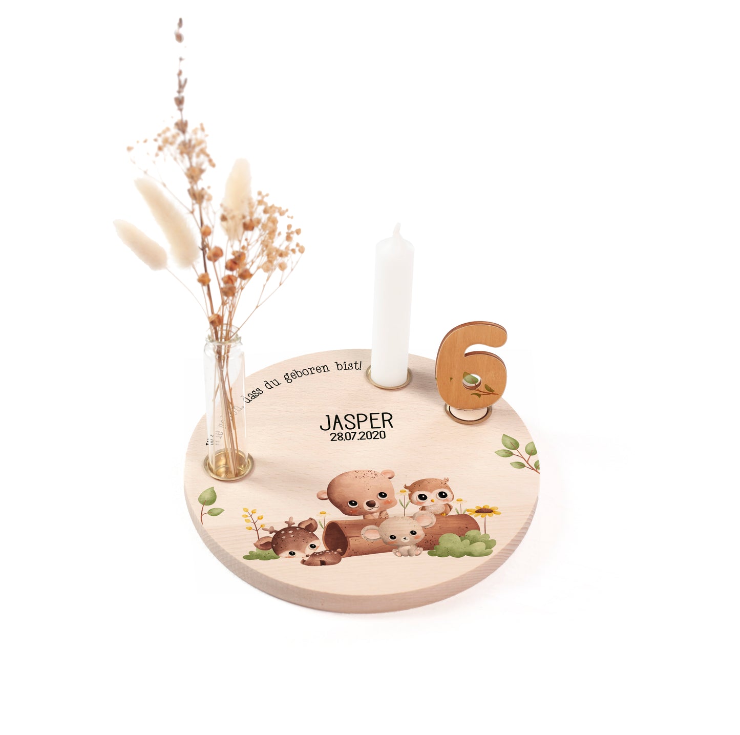 personalisierter Kerzenteller mit Kerze, Vase und Zahlen (Waldtiere 1)