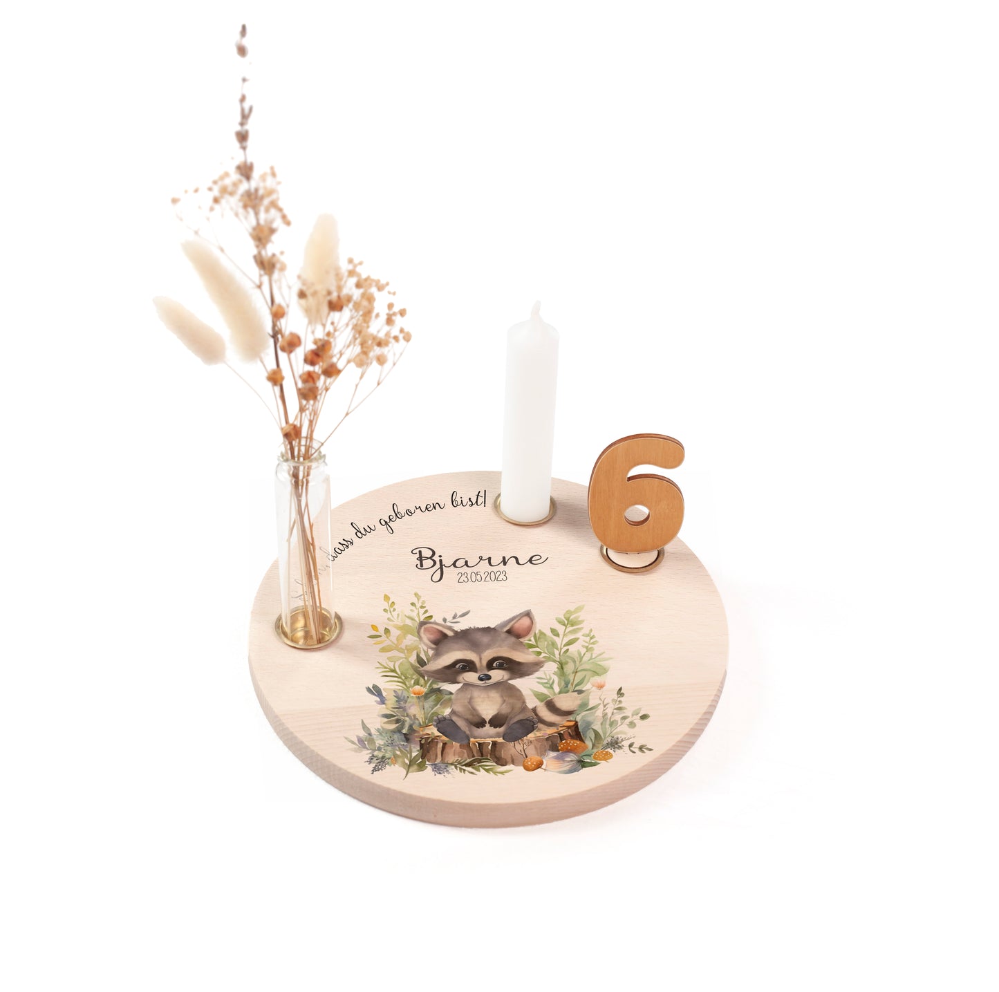 personalisierter Kerzenteller mit Kerze, Vase und Zahlen (Waschbär)