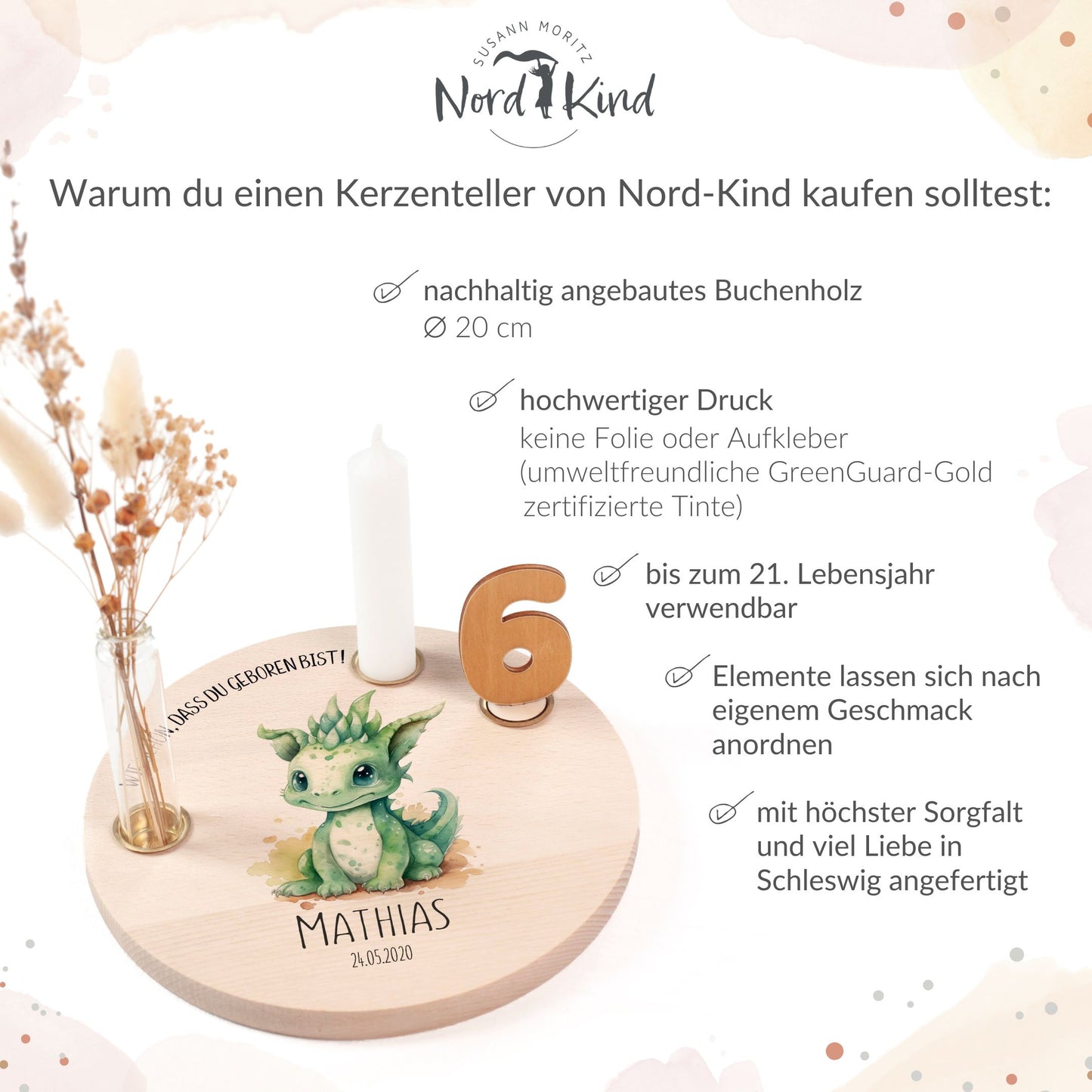 personalisierter Kerzenteller mit Kerze, Vase und Zahlen (Drache 1)