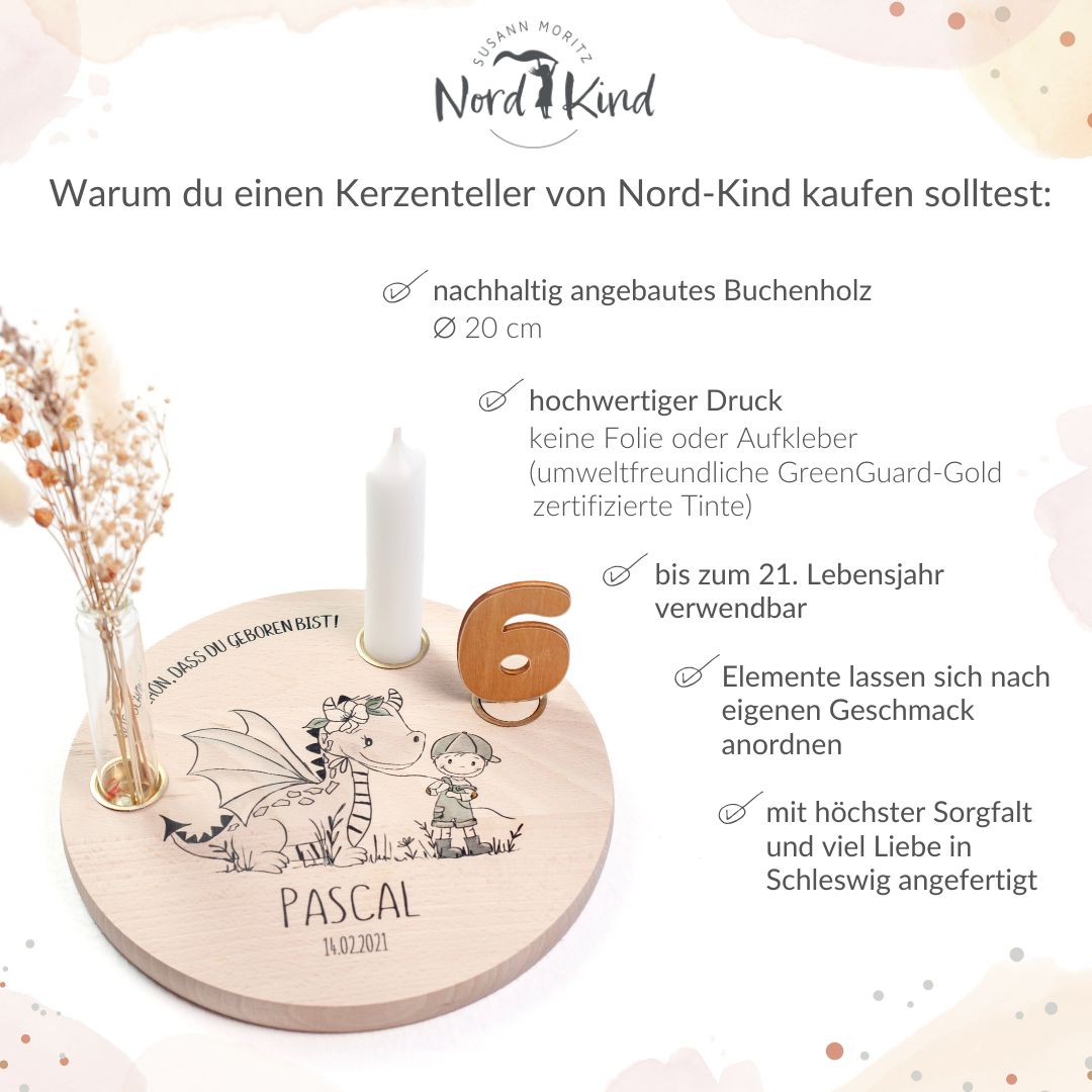 personalisierter Kerzenteller mit Kerze, Vase und Zahlen (Drache Junge)