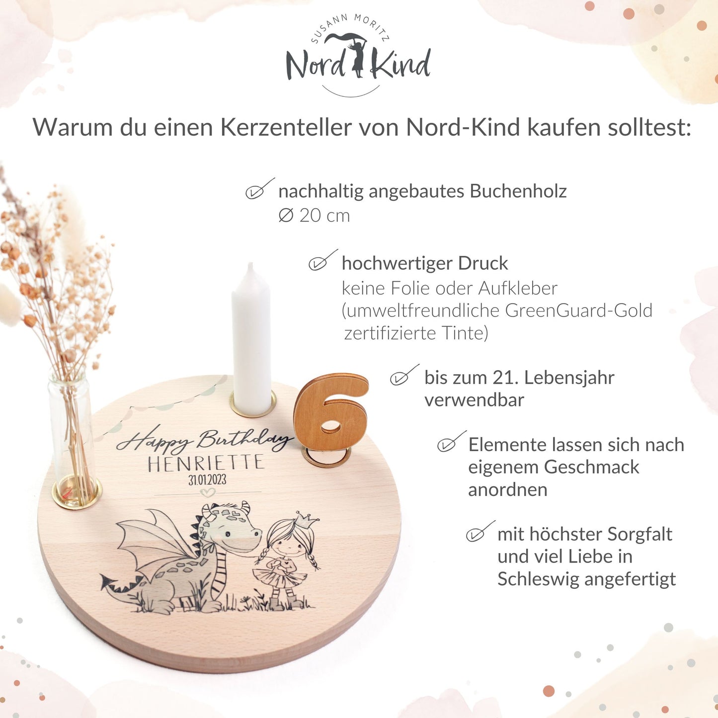 personalisierter Kerzenteller mit Kerze, Vase und Zahlen (Drache Prinzessin)