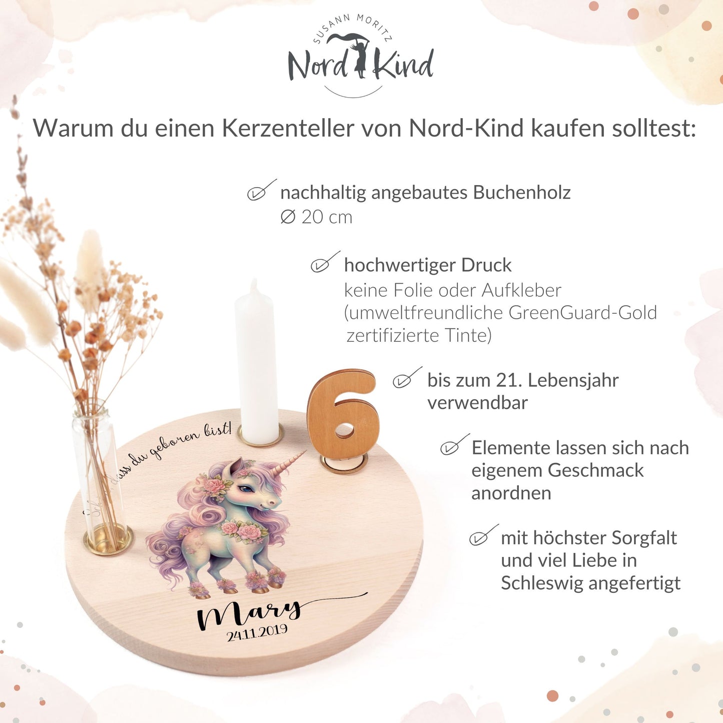 personalisierter Kerzenteller mit Kerze, Vase und Zahlen (Einhorn 1)