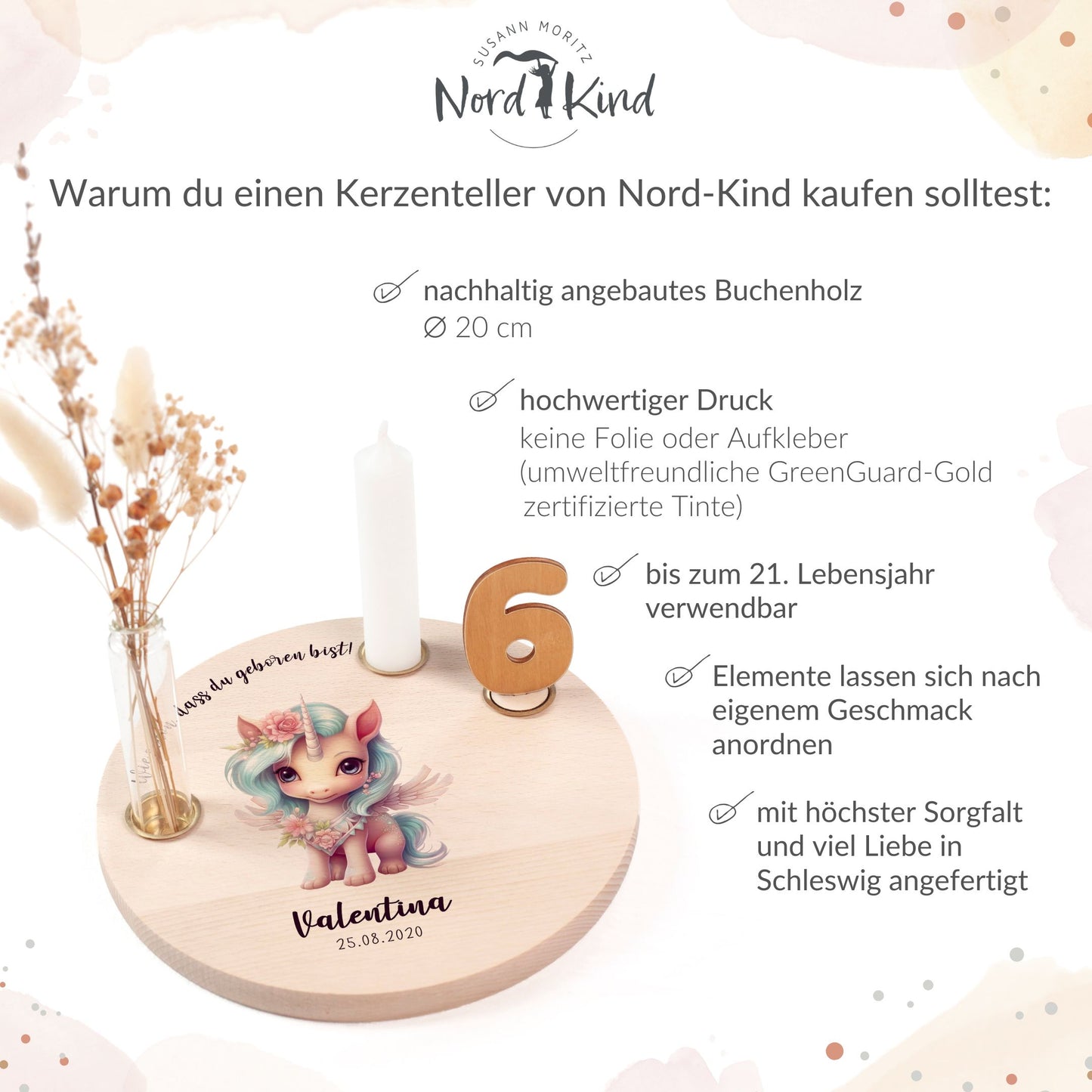 personalisierter Kerzenteller mit Kerze, Vase und Zahlen (Einhorn 2)