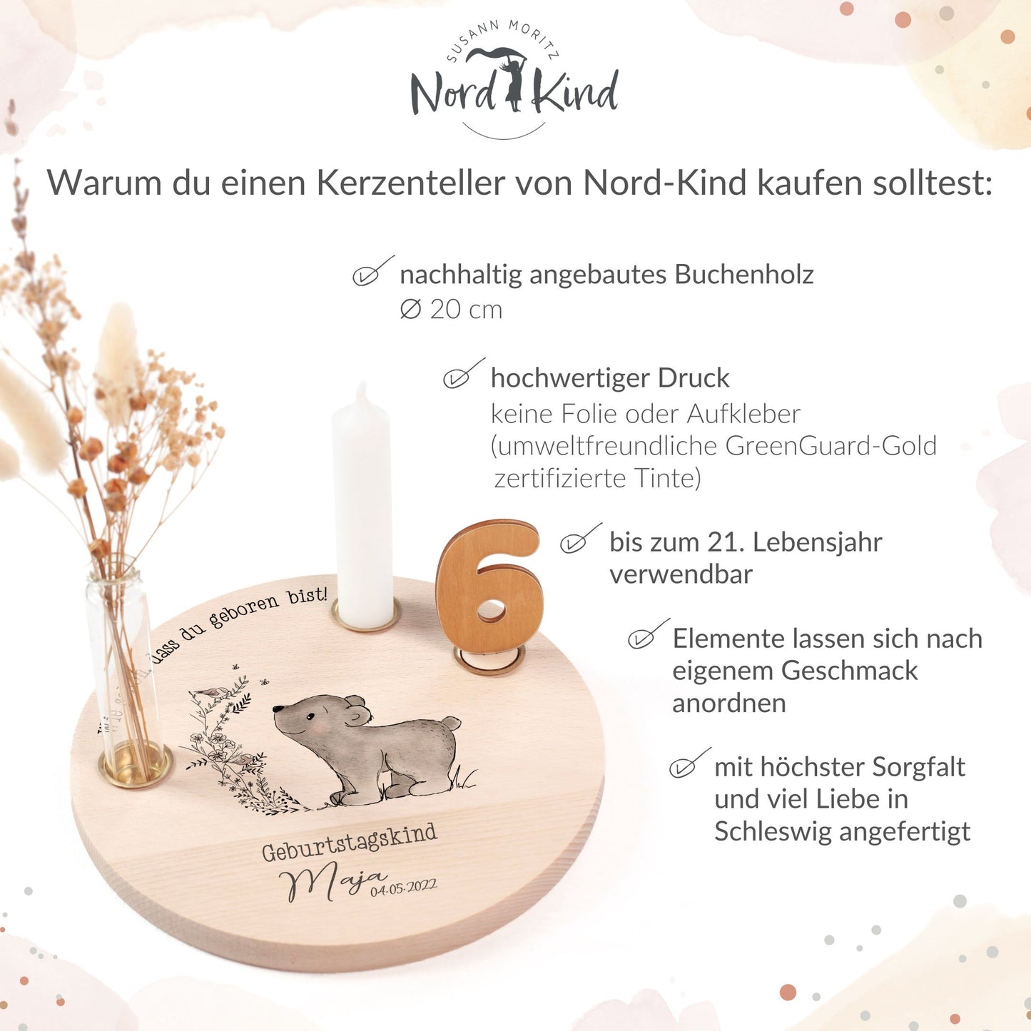 personalisierter Kerzenteller mit Kerze, Vase und Zahlen (Eisbär)