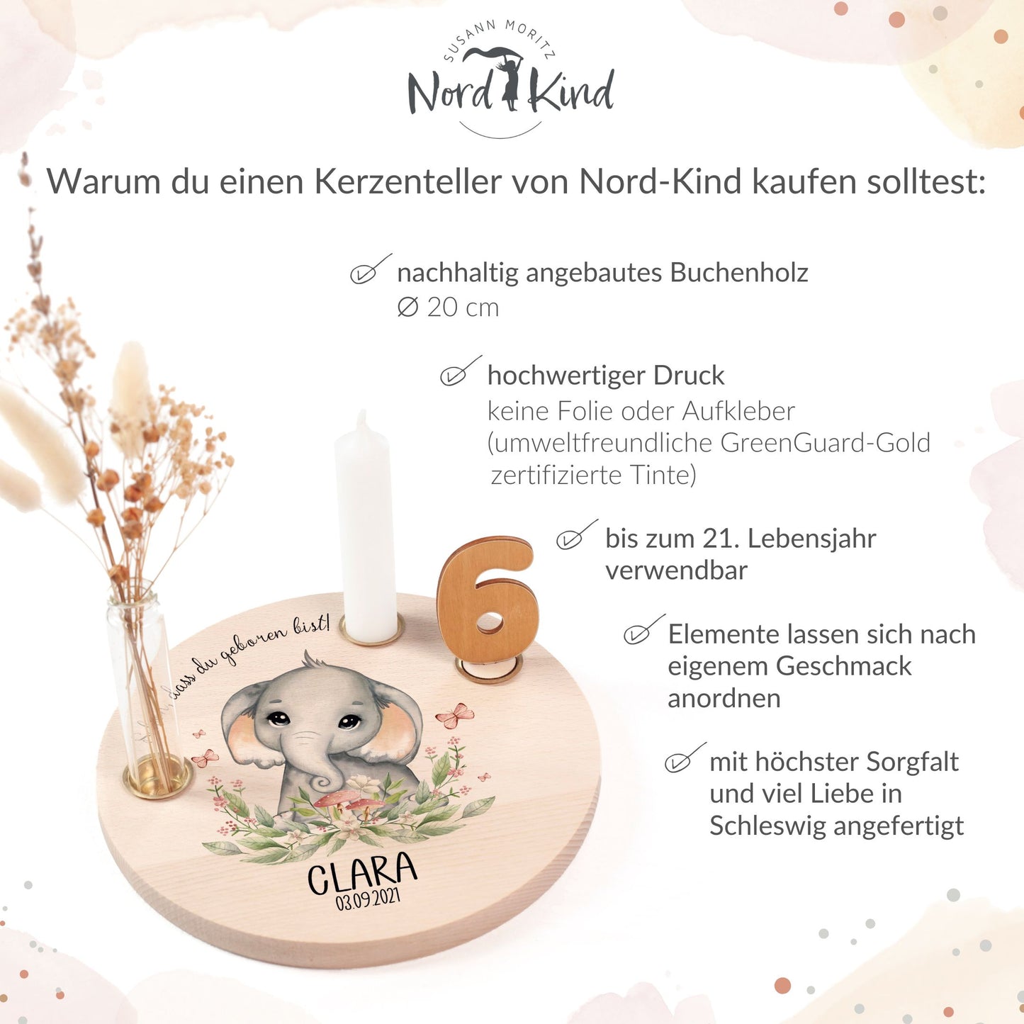 personalisierter Kerzenteller mit Kerze, Vase und Zahlen (Elefant 3)
