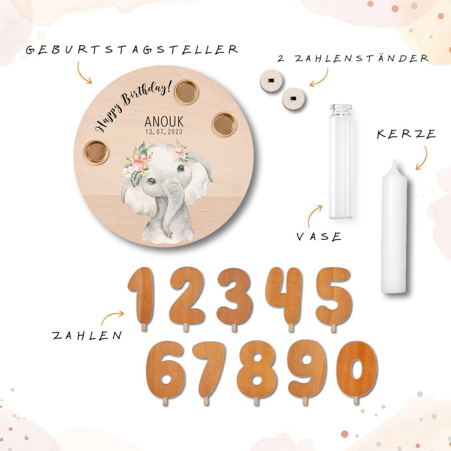 personalisierter Kerzenteller mit Kerze, Vase und Zahlen (Elefant 1)