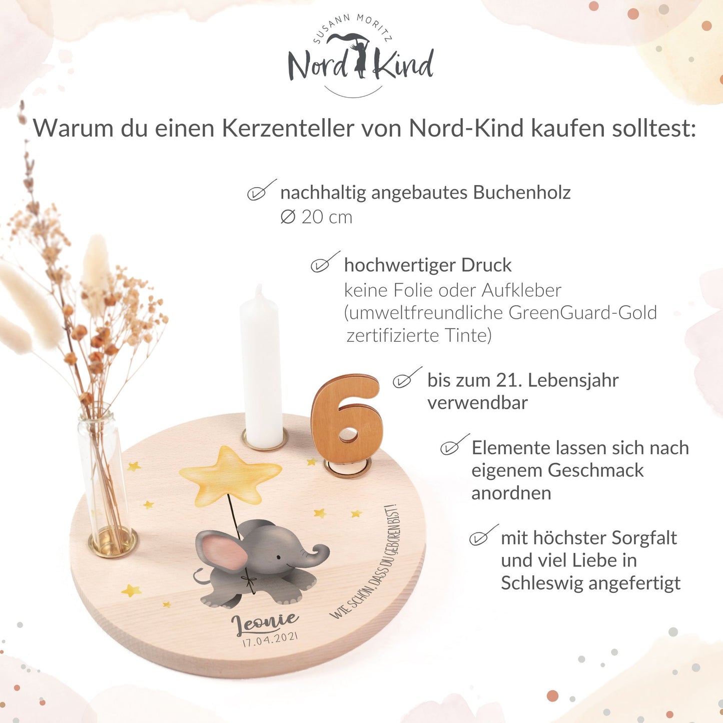 personalisierter Kerzenteller mit Kerze, Vase und Zahlen (Elefant 4)