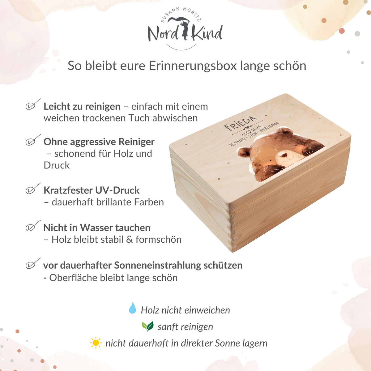 Pflegehinweise für personalisierte Erinnerungsbox aus Holz